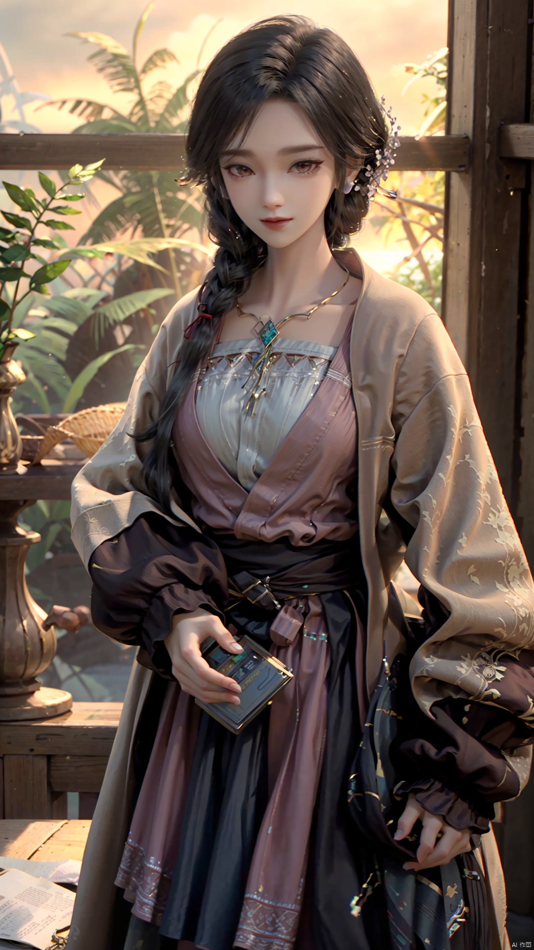 1girl, dress, jewelry, brown eyes, earrings, braid, looking at viewer, hair ornament, black hair, long hair, necklace, mischevious smile, perfect body, scenery, sharp focus, best quality, masterpiece, detailed outfit, illustration, perfect eyes, finely detailed beautiful anime eyes, realistic skin, intricate details, best lighting, depth of field, ultra high resolution,cowboy_shot, dynamic pose, dynamic angle,