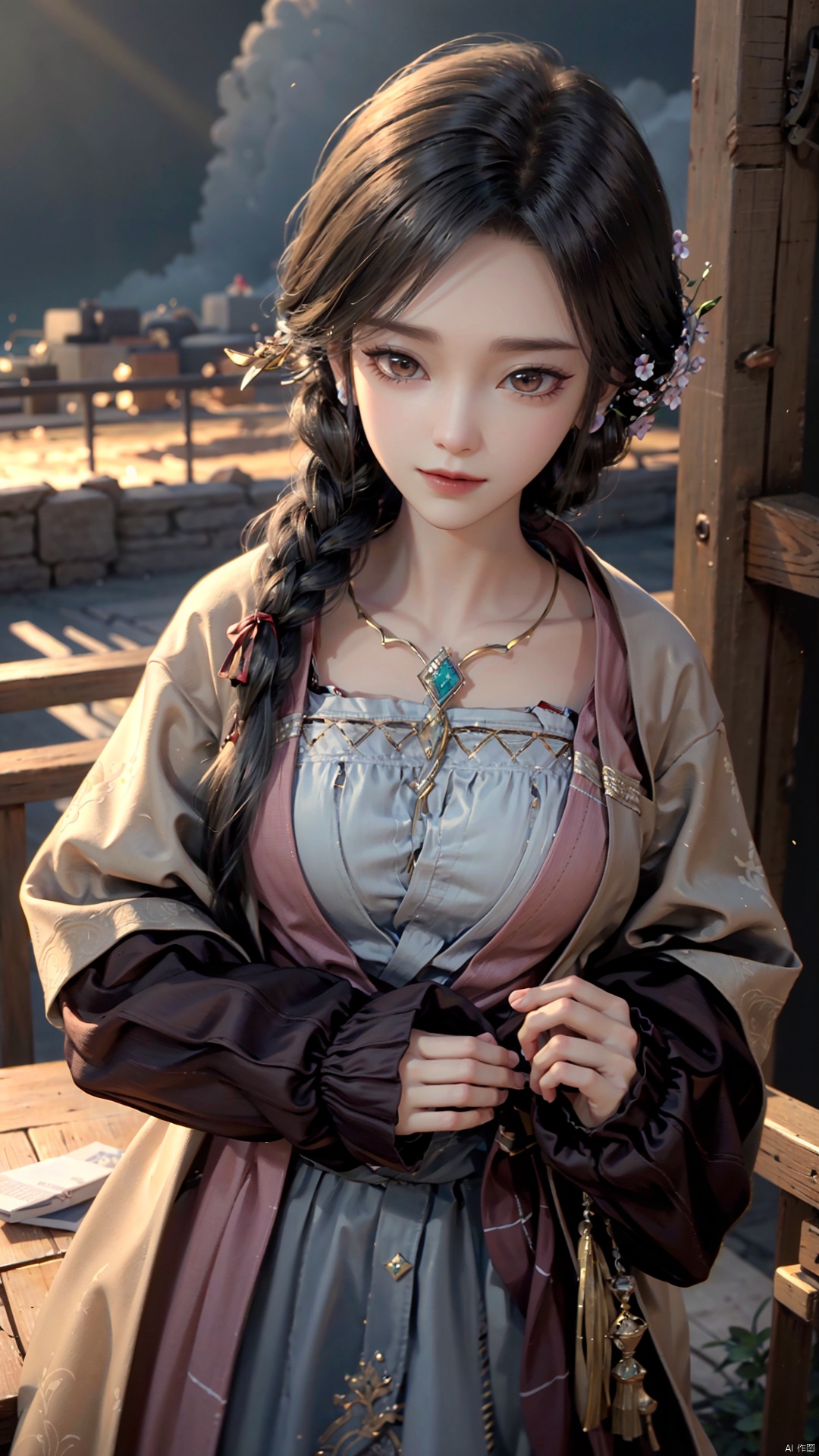 1girl, dress, jewelry, brown eyes, earrings, braid, looking at viewer, hair ornament, black hair, long hair, necklace, mischevious smile, perfect body, scenery, sharp focus, best quality, masterpiece, detailed outfit, illustration, perfect eyes, finely detailed beautiful anime eyes, realistic skin, intricate details, best lighting, depth of field, ultra high resolution,cowboy_shot, dynamic pose, dynamic angle,