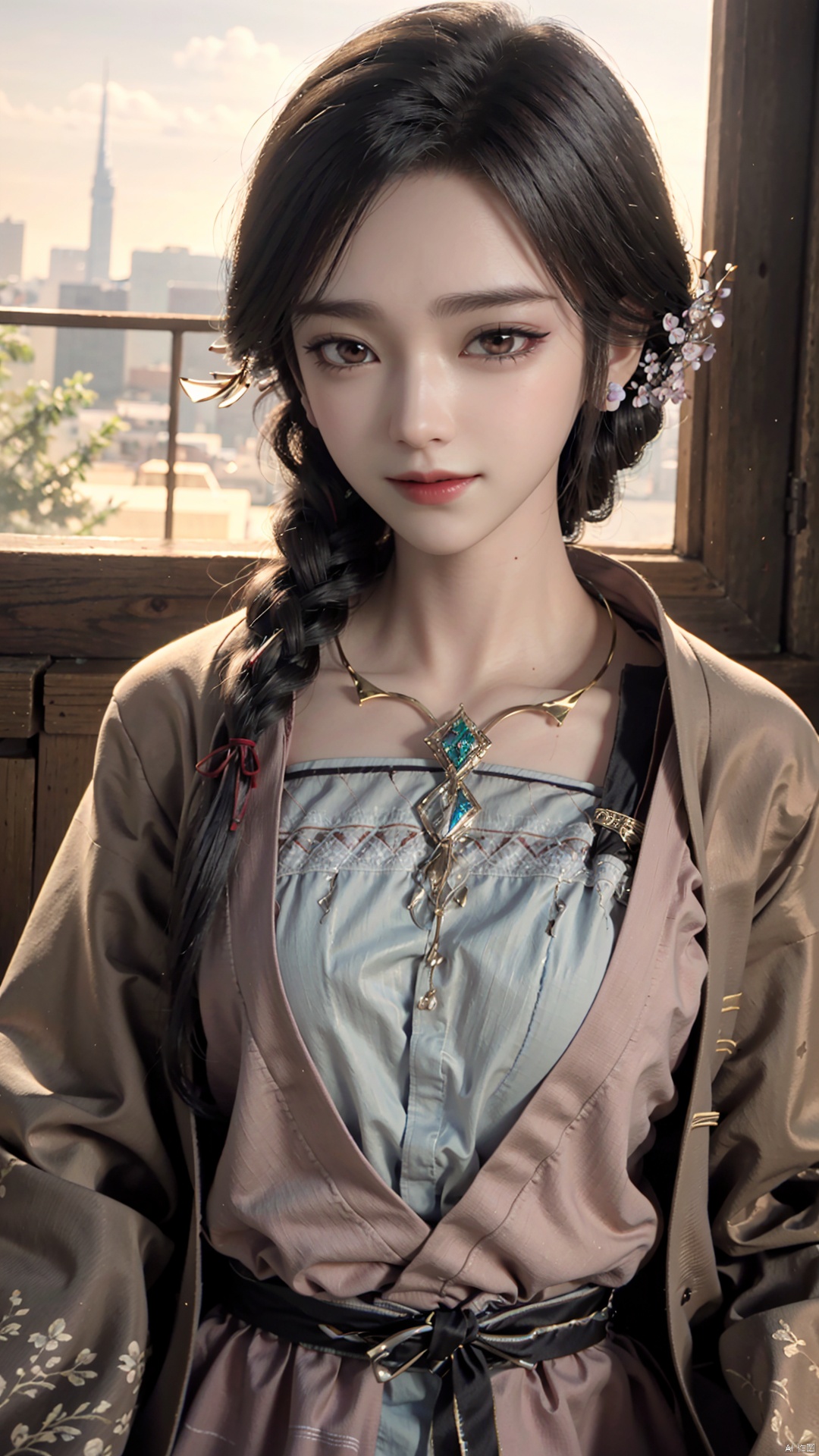 1girl, dress, jewelry, brown eyes, earrings, braid, looking at viewer, hair ornament, black hair, long hair, necklace, mischevious smile, perfect body, scenery, sharp focus, best quality, masterpiece, detailed outfit, illustration, perfect eyes, finely detailed beautiful anime eyes, realistic skin, intricate details, best lighting, depth of field, ultra high resolution,cowboy_shot, dynamic pose, dynamic angle,