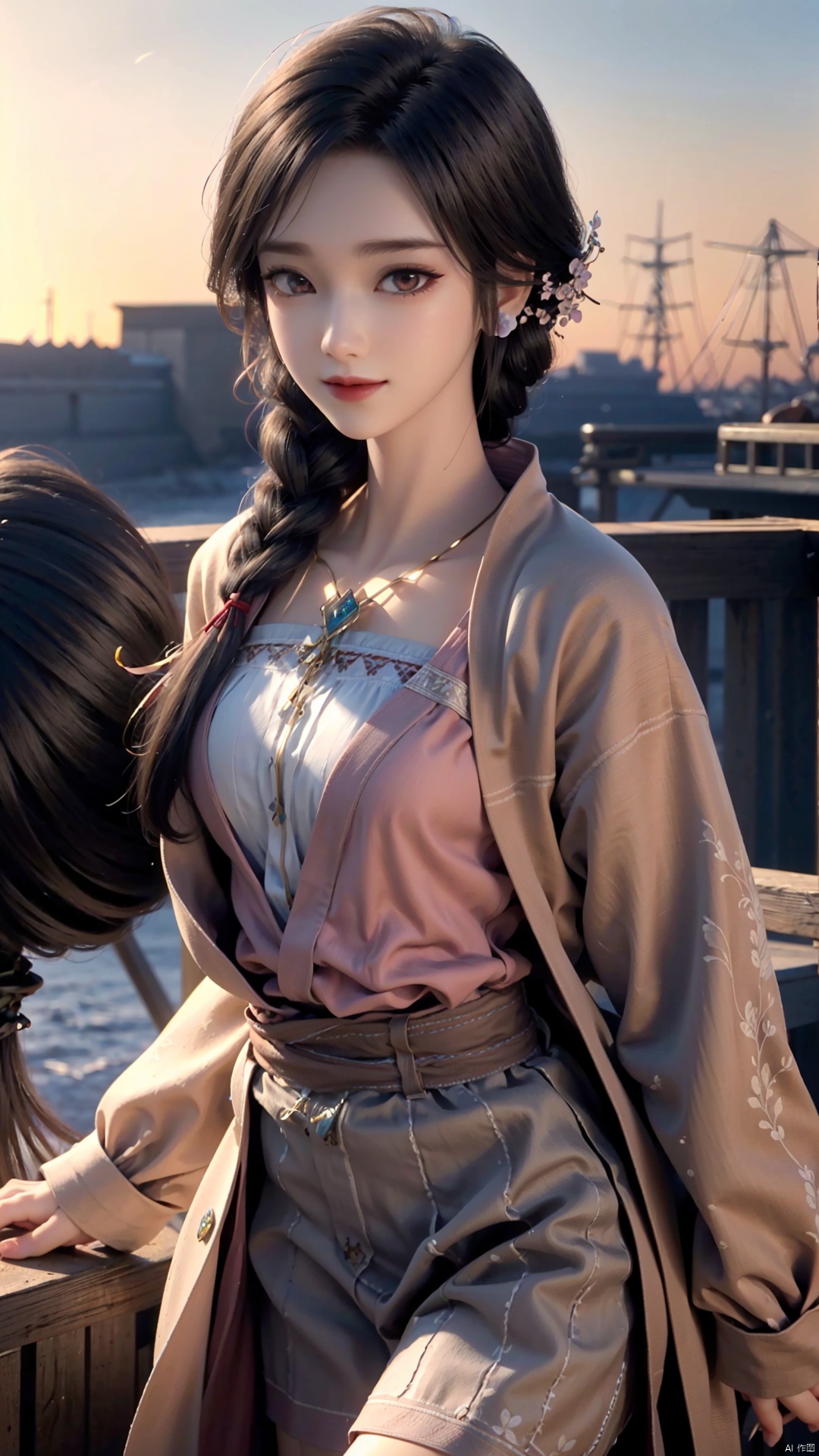 1girl, dress, jewelry, brown eyes, earrings, braid, looking at viewer, hair ornament, black hair, long hair, necklace, mischevious smile, perfect body, scenery, sharp focus, best quality, masterpiece, detailed outfit, illustration, perfect eyes, finely detailed beautiful anime eyes, realistic skin, intricate details, best lighting, depth of field, ultra high resolution,cowboy_shot, dynamic pose, dynamic angle,