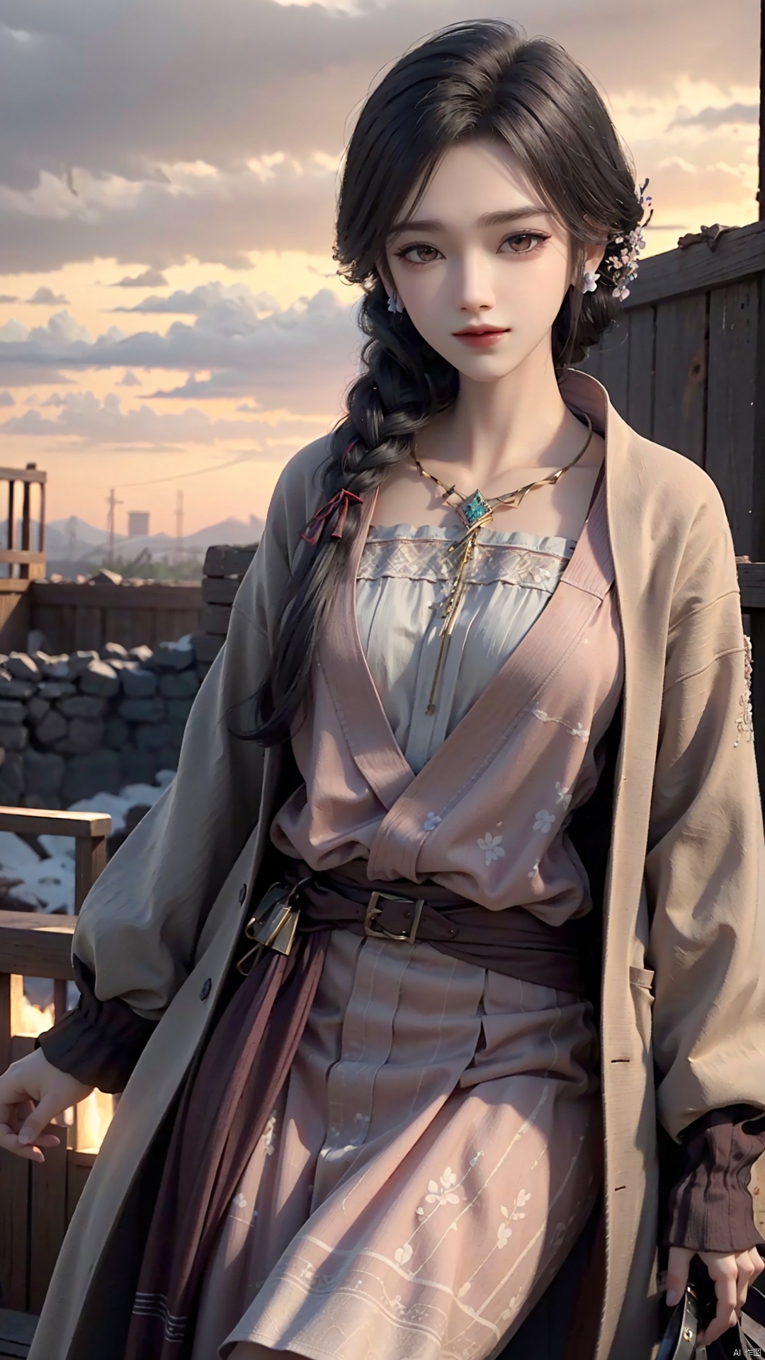 1girl, dress, jewelry, brown eyes, earrings, braid, looking at viewer, hair ornament, black hair, long hair, necklace, mischevious smile, perfect body, scenery, sharp focus, best quality, masterpiece, detailed outfit, illustration, perfect eyes, finely detailed beautiful anime eyes, realistic skin, intricate details, best lighting, depth of field, ultra high resolution,cowboy_shot, dynamic pose, dynamic angle,