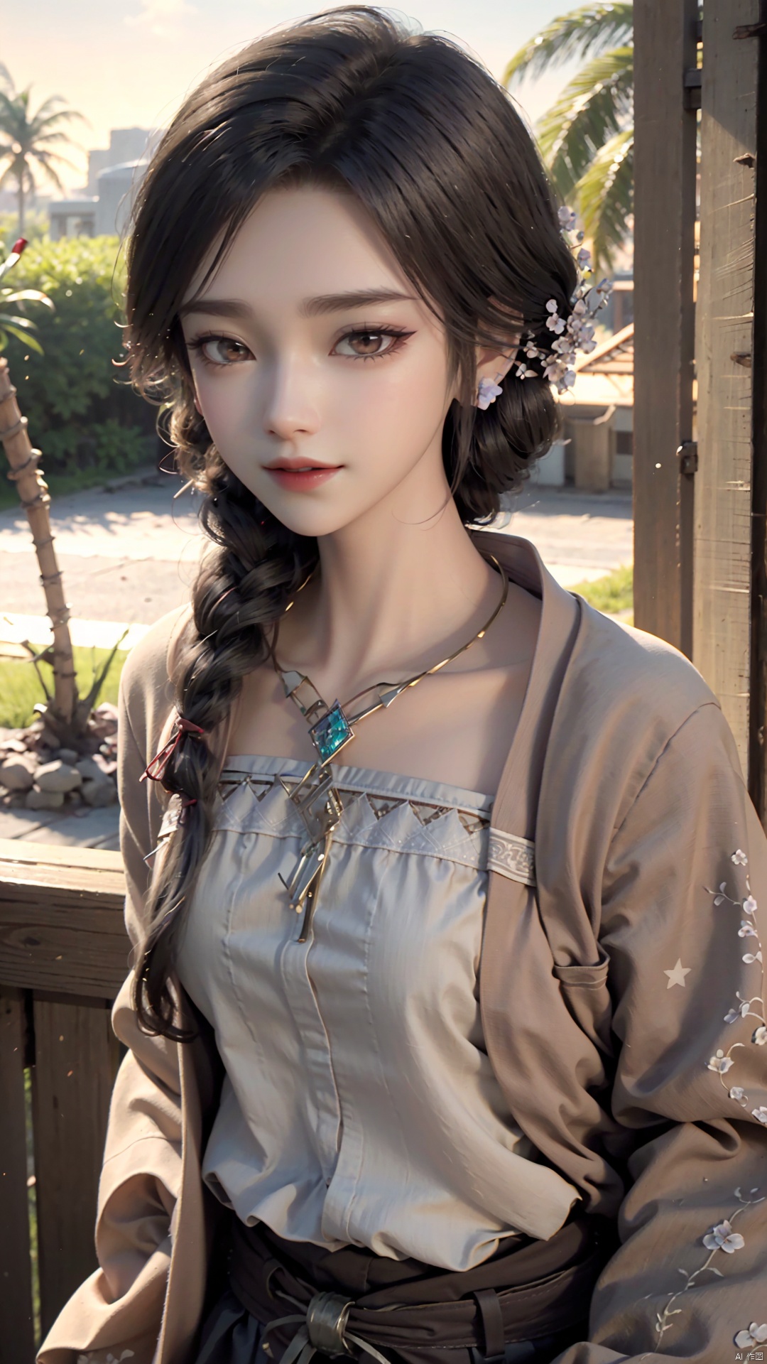 1girl, solo, jewelry, brown eyes, earrings, braid, looking at viewer, hair ornament, black hair, long hair, necklace, mischevious smile, perfect body, scenery, sharp focus, best quality, masterpiece, detailed outfit, illustration, perfect eyes, finely detailed beautiful anime eyes, realistic skin, intricate details, best lighting, depth of field, ultra high resolution,cowboy_shot, dynamic pose, dynamic angle,