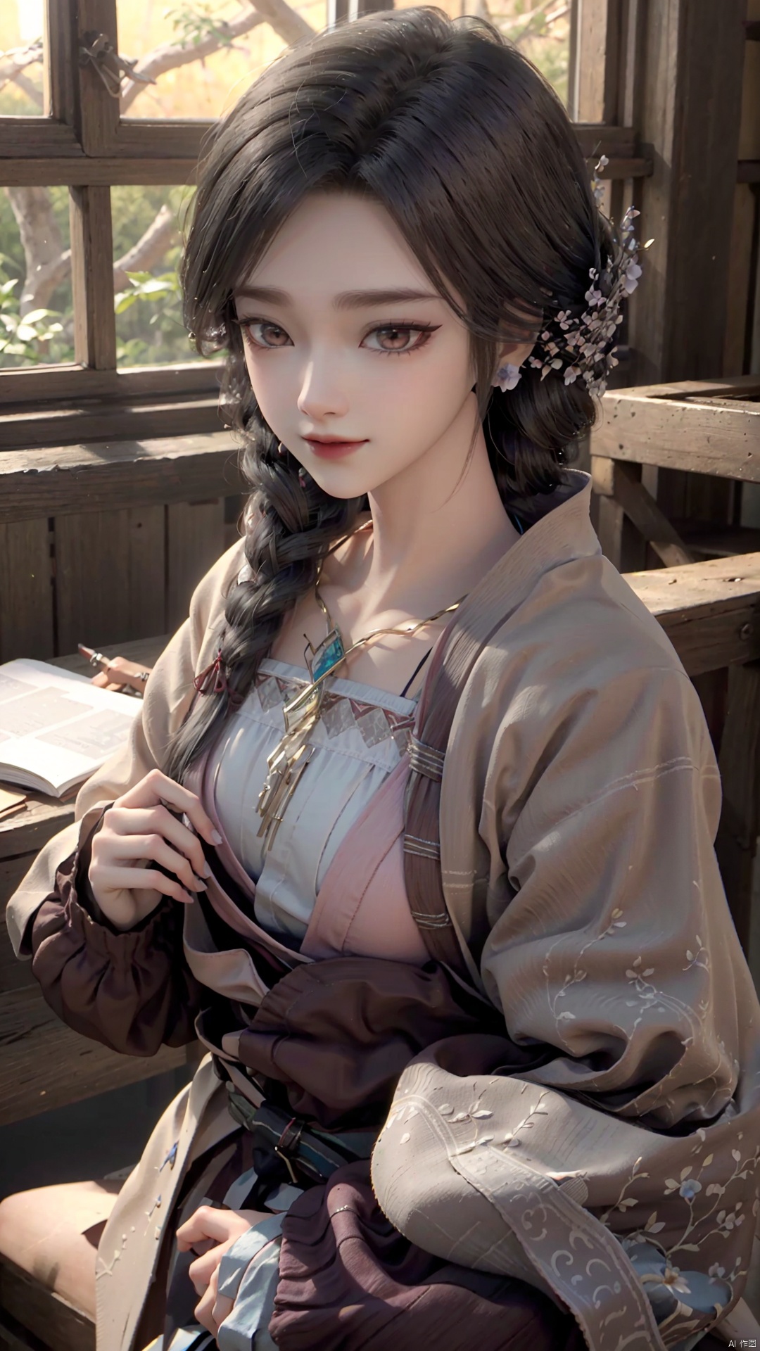 1girl, dress, jewelry, brown eyes, earrings, braid, looking at viewer, hair ornament, black hair, long hair, necklace, mischevious smile, perfect body, scenery, sharp focus, best quality, masterpiece, detailed outfit, illustration, perfect eyes, finely detailed beautiful anime eyes, realistic skin, intricate details, best lighting, depth of field, ultra high resolution,cowboy_shot, dynamic pose, dynamic angle,