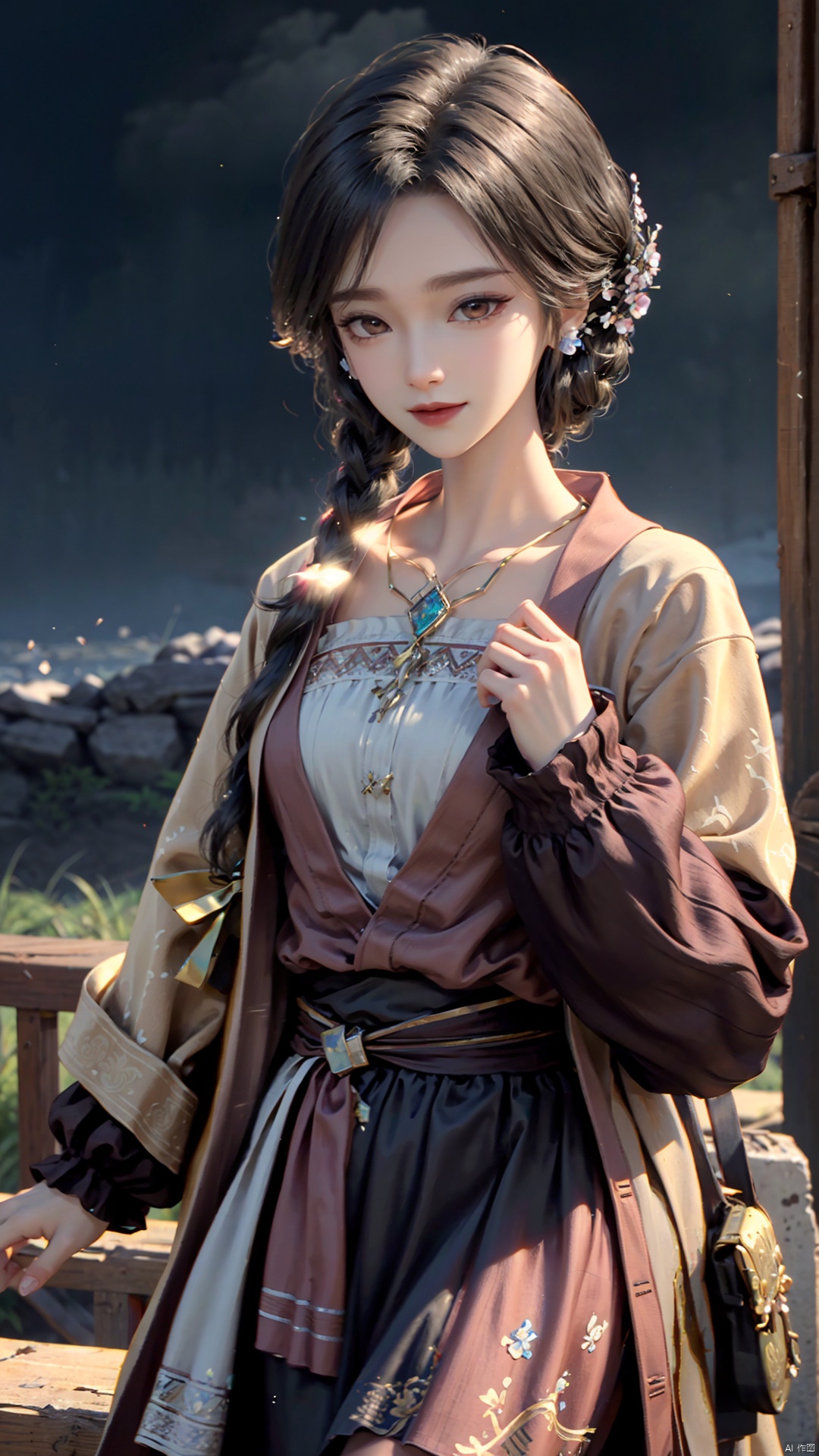 1girl, dress, jewelry, brown eyes, earrings, braid, looking at viewer, hair ornament, black hair, long hair, necklace, mischevious smile, perfect body, scenery, sharp focus, best quality, masterpiece, detailed outfit, illustration, perfect eyes, finely detailed beautiful anime eyes, realistic skin, intricate details, best lighting, depth of field, ultra high resolution,cowboy_shot, dynamic pose, dynamic angle,