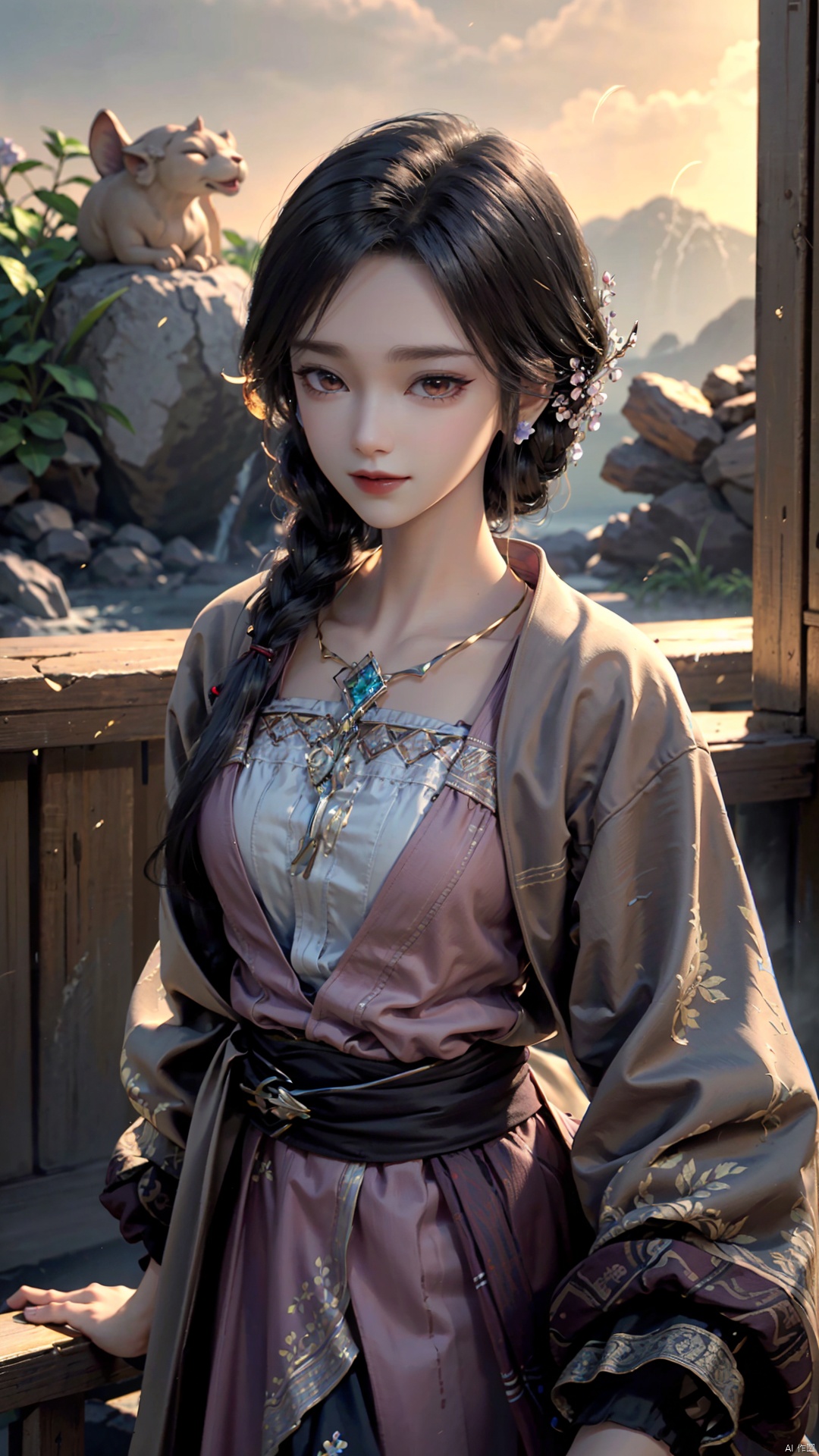 1girl, dress, jewelry, brown eyes, earrings, braid, looking at viewer, hair ornament, black hair, long hair, necklace, mischevious smile, perfect body, scenery, sharp focus, best quality, masterpiece, detailed outfit, illustration, perfect eyes, finely detailed beautiful anime eyes, realistic skin, intricate details, best lighting, depth of field, ultra high resolution,cowboy_shot, dynamic pose, dynamic angle,