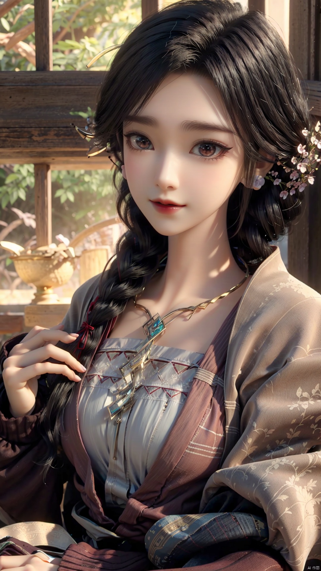 1girl, dress, jewelry, brown eyes, earrings, braid, looking at viewer, hair ornament, black hair, long hair, necklace, mischevious smile, perfect body, scenery, sharp focus, best quality, masterpiece, detailed outfit, illustration, perfect eyes, finely detailed beautiful anime eyes, realistic skin, intricate details, best lighting, depth of field, ultra high resolution,cowboy_shot, dynamic pose, dynamic angle,
