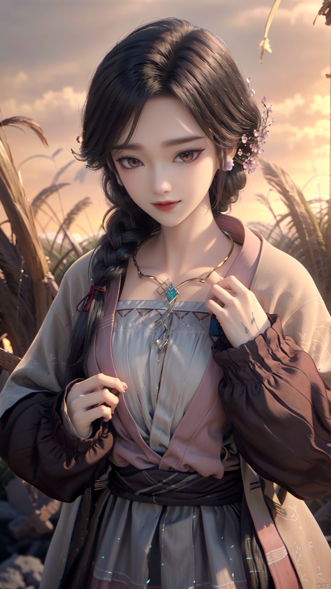 1girl, dress, jewelry, brown eyes, earrings, braid, looking at viewer, hair ornament, black hair, long hair, necklace, mischevious smile, perfect body, scenery, sharp focus, best quality, masterpiece, detailed outfit, illustration, perfect eyes, finely detailed beautiful anime eyes, realistic skin, intricate details, best lighting, depth of field, ultra high resolution,cowboy_shot, dynamic pose, dynamic angle,