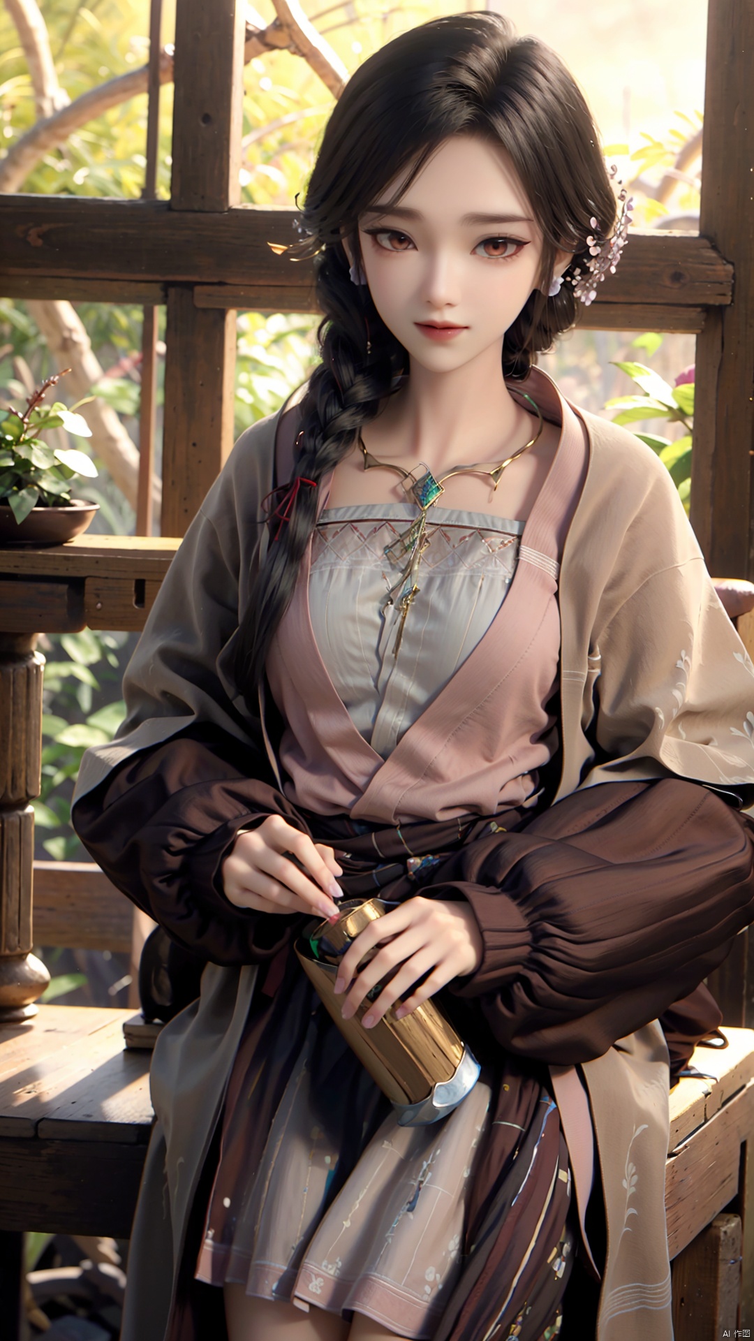 1girl, dress, jewelry, brown eyes, earrings, braid, looking at viewer, hair ornament, black hair, long hair, necklace, mischevious smile, perfect body, scenery, sharp focus, best quality, masterpiece, detailed outfit, illustration, perfect eyes, finely detailed beautiful anime eyes, realistic skin, intricate details, best lighting, depth of field, ultra high resolution,cowboy_shot, dynamic pose, dynamic angle,
