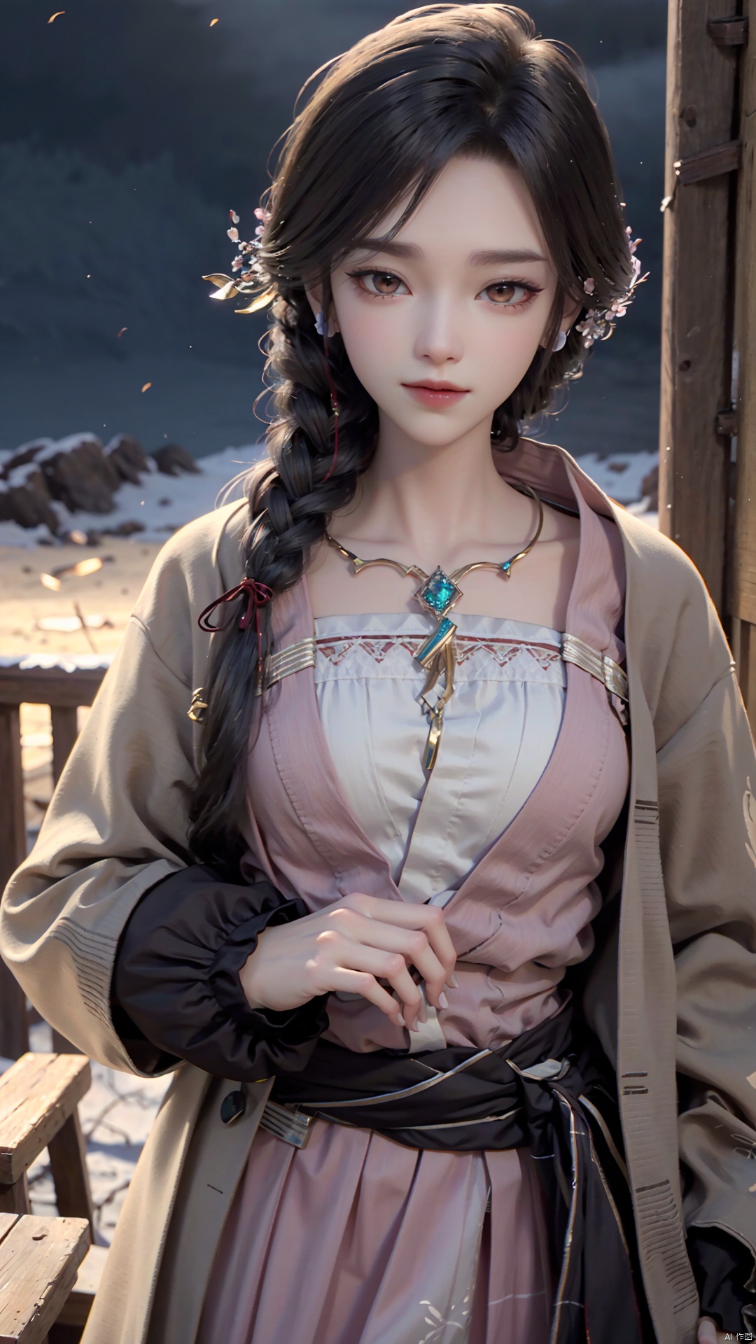1girl, dress, jewelry, brown eyes, earrings, braid, looking at viewer, hair ornament, black hair, long hair, necklace, mischevious smile, perfect body, scenery, sharp focus, best quality, masterpiece, detailed outfit, illustration, perfect eyes, finely detailed beautiful anime eyes, realistic skin, intricate details, best lighting, depth of field, ultra high resolution,cowboy_shot, dynamic pose, dynamic angle,
