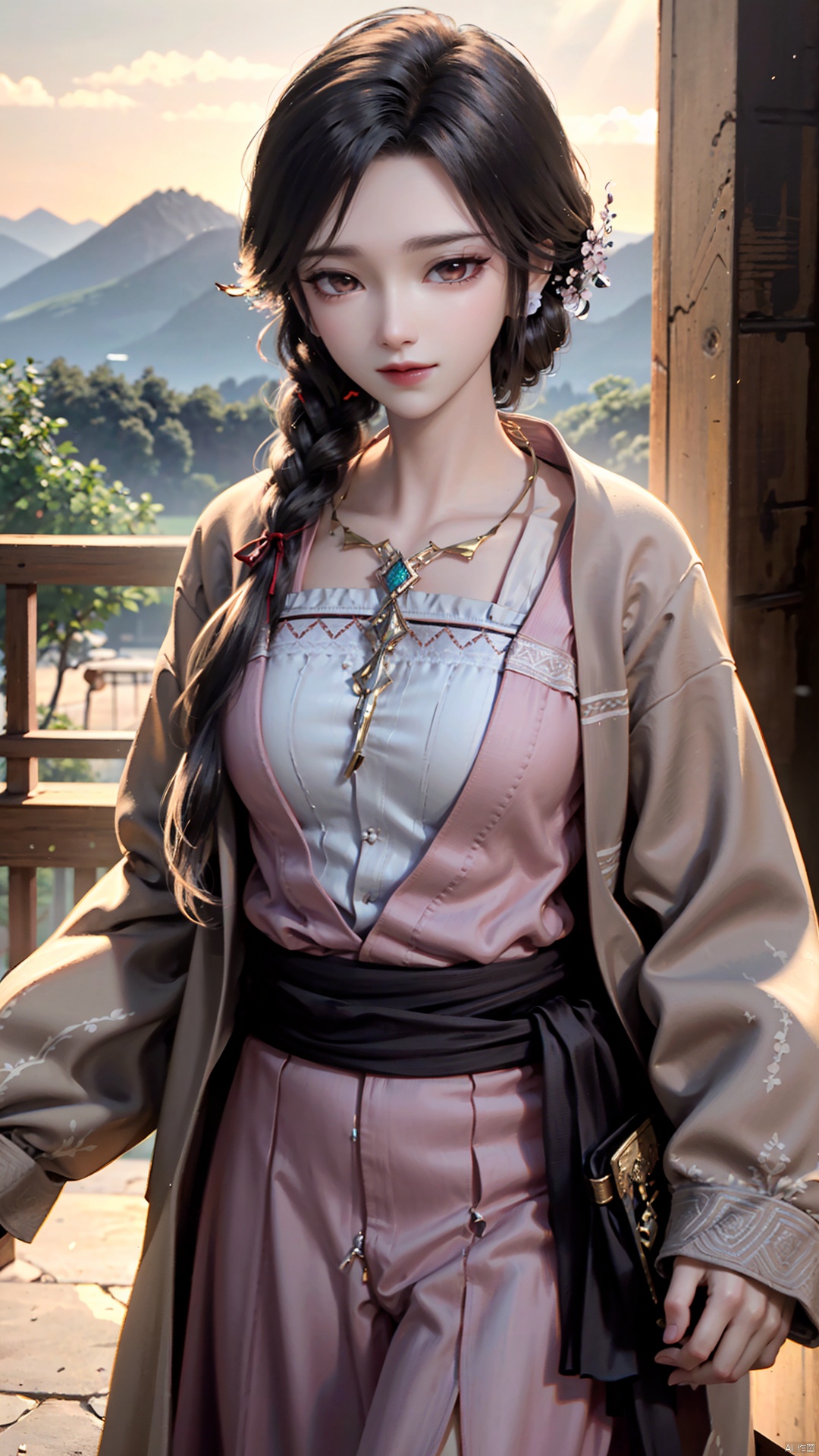 1girl, dress, jewelry, brown eyes, earrings, braid, looking at viewer, hair ornament, black hair, long hair, necklace, mischevious smile, perfect body, scenery, sharp focus, best quality, masterpiece, detailed outfit, illustration, perfect eyes, finely detailed beautiful anime eyes, realistic skin, intricate details, best lighting, depth of field, ultra high resolution,cowboy_shot, dynamic pose, dynamic angle,