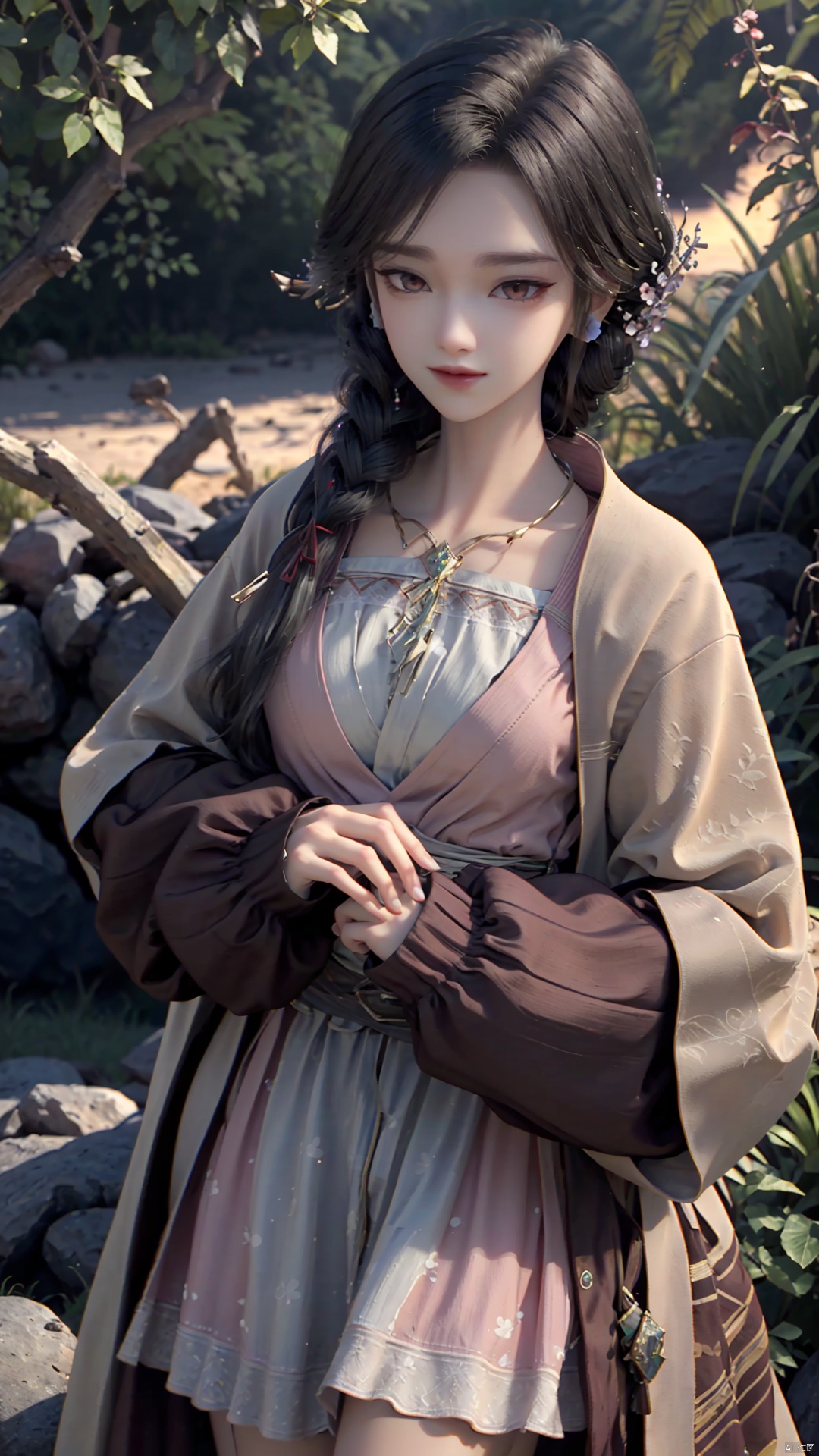 1girl, dress, jewelry, brown eyes, earrings, braid, looking at viewer, hair ornament, black hair, long hair, necklace, mischevious smile, perfect body, scenery, sharp focus, best quality, masterpiece, detailed outfit, illustration, perfect eyes, finely detailed beautiful anime eyes, realistic skin, intricate details, best lighting, depth of field, ultra high resolution,cowboy_shot, dynamic pose, dynamic angle,