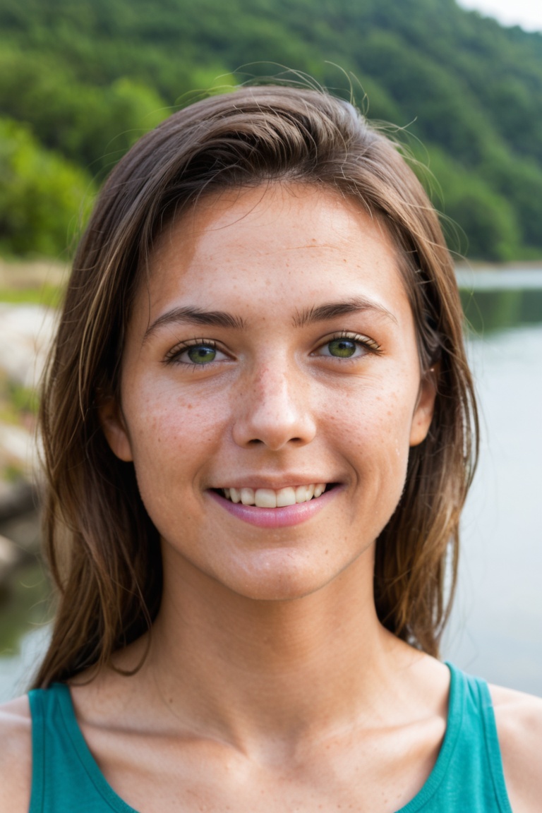 This is a photograph of a woman standing in front of a large lake. She has shoulder length,  bronze hair and light colored...
