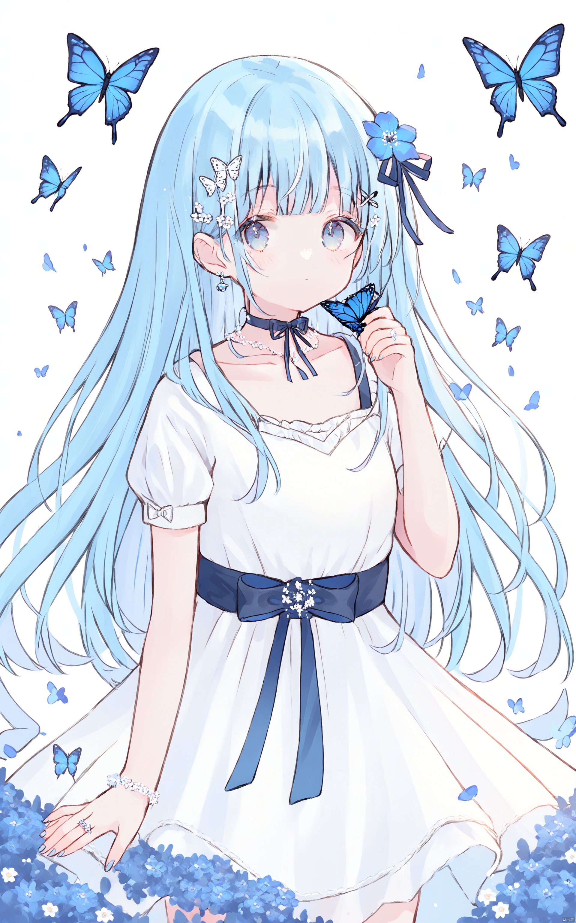 1girl, solo, long hair, flower, bug, butterfly, hair ornament, dress, hair flower, blue eyes, blue hair, petals, looking at viewer, blue butterfly, white dress, white background, short sleeves, blue flower, bangs, simple background
