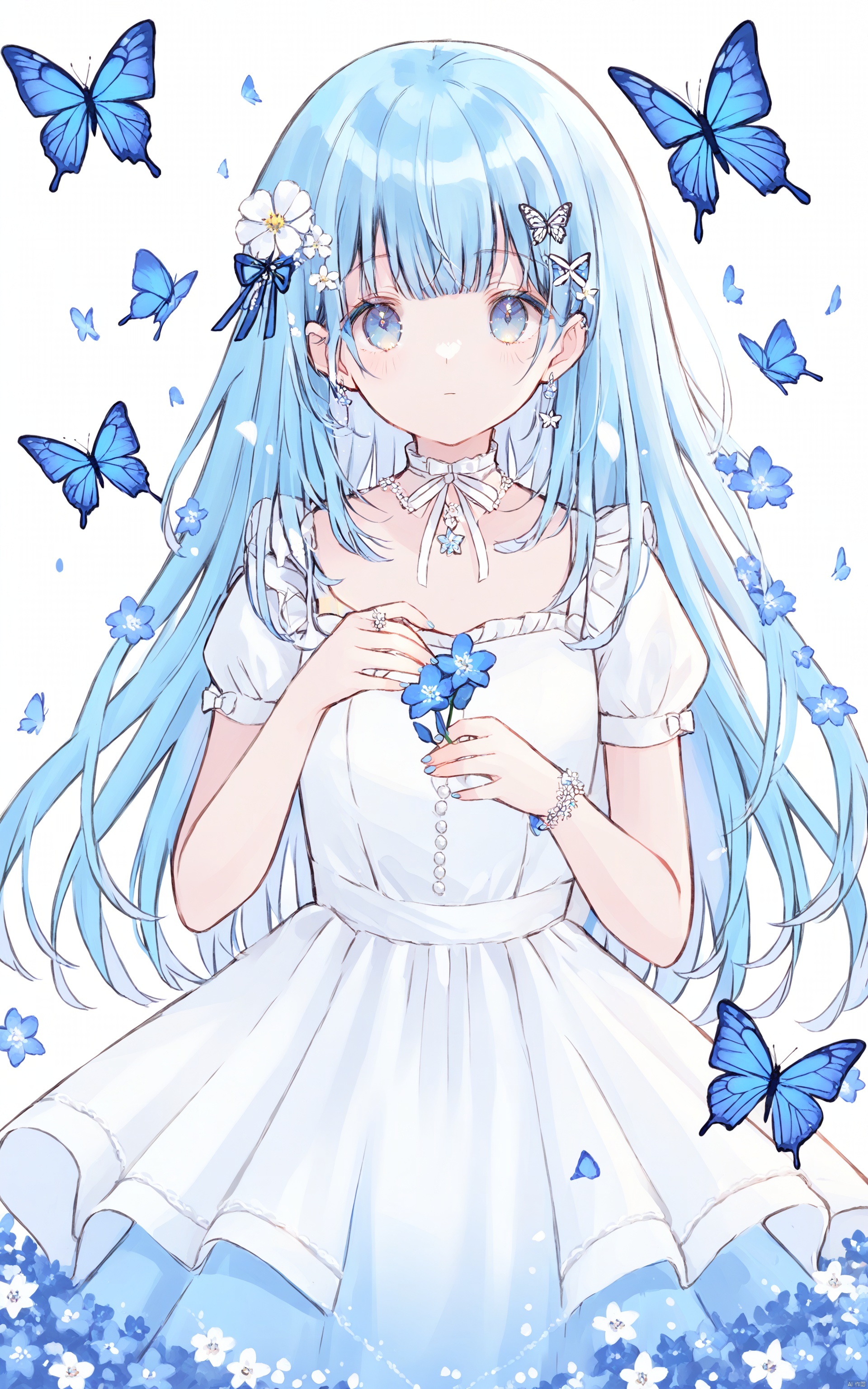1girl, solo, long hair, flower, bug, butterfly, hair ornament, dress, hair flower, blue eyes, blue hair, petals, looking at viewer, blue butterfly, white dress, white background, short sleeves, blue flower, bangs, simple background
