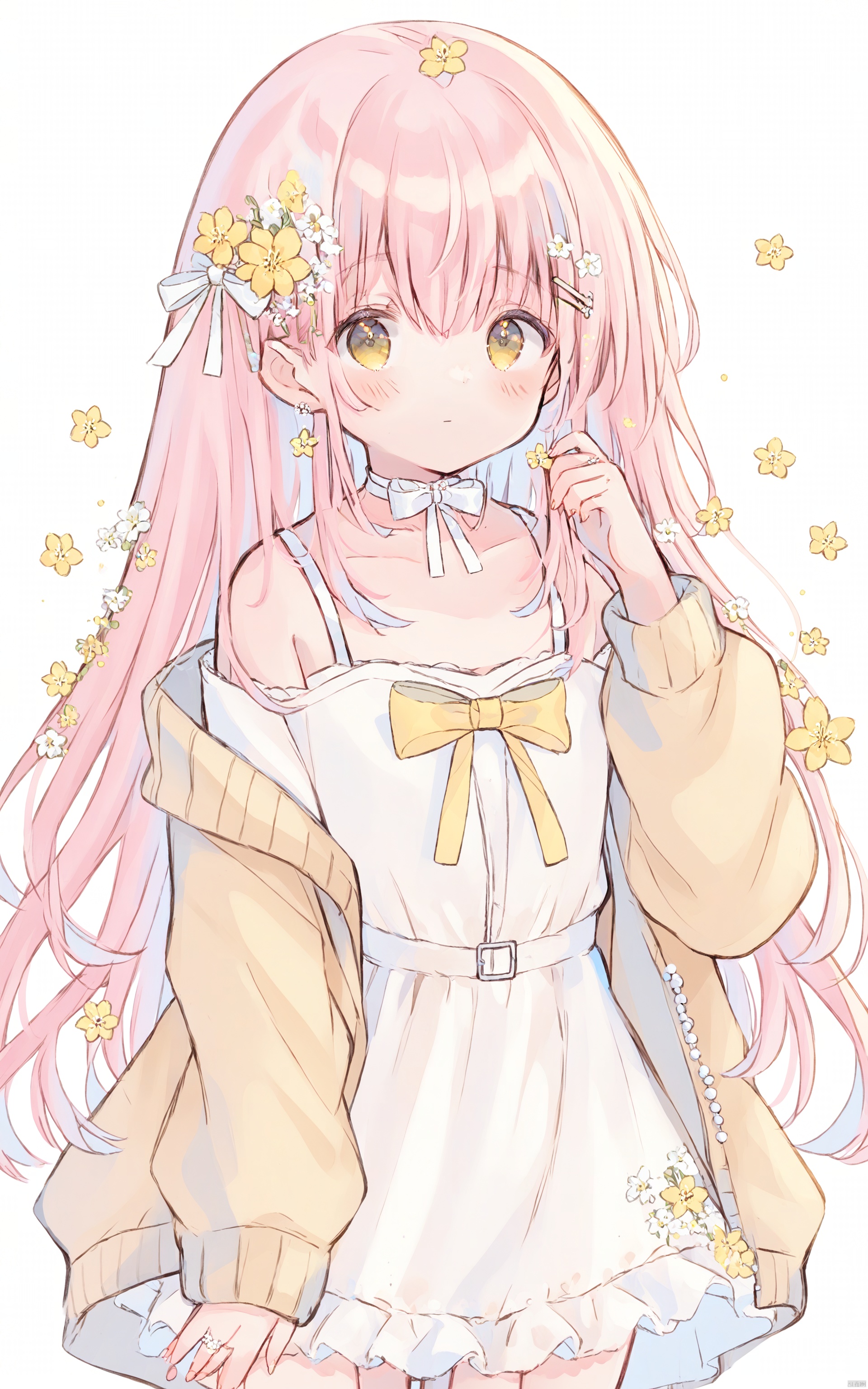 1girl, solo, dress, pink hair, white dress, long hair, hair flower, flower, hair ornament, looking at viewer, yellow eyes, bangs, closed mouth, blush, long sleeves, simple background, yellow flower, jacket, bow, off shoulder, open clothes, hair between eyes