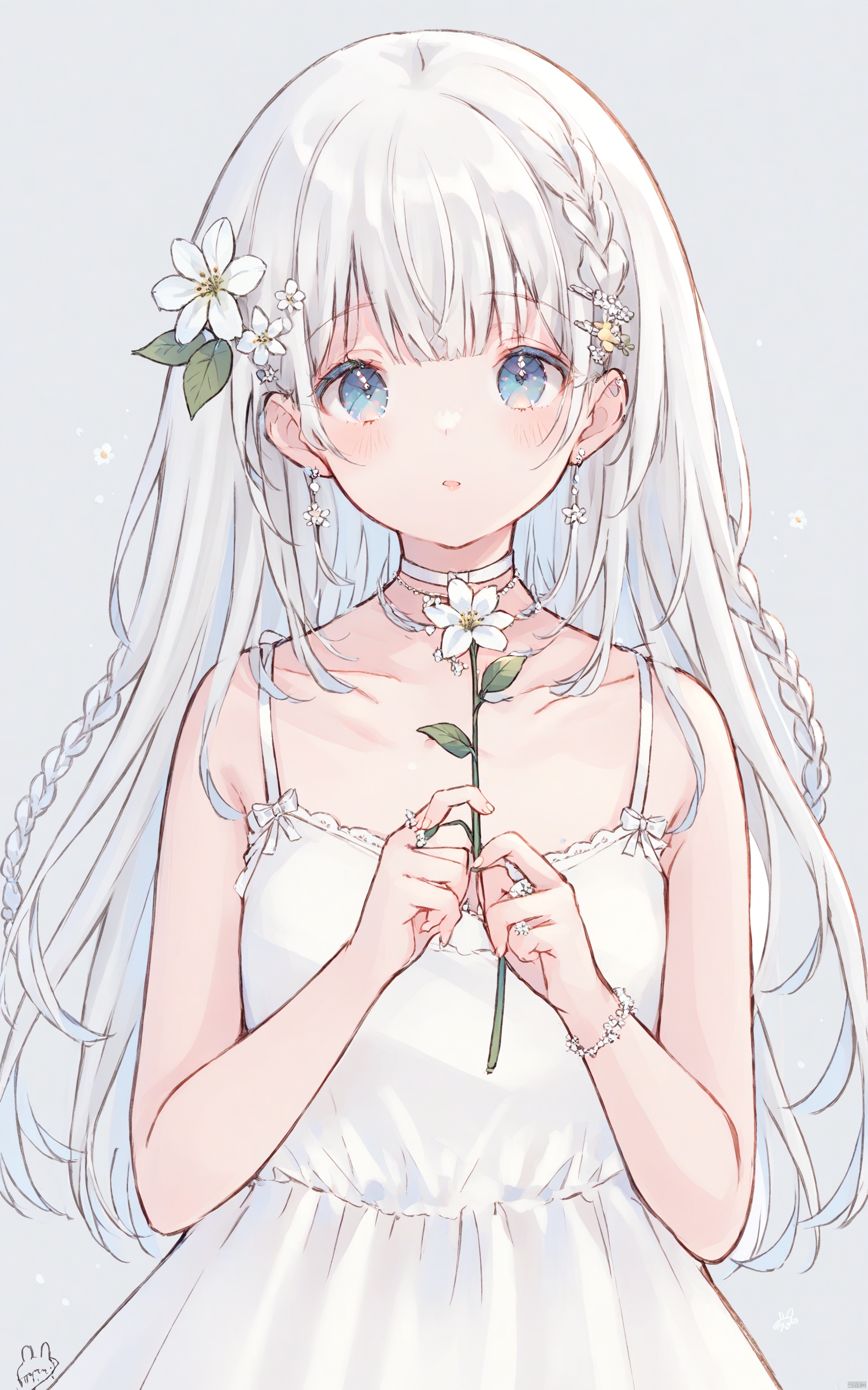 1girl, flower, solo, holding flower, holding, hair ornament, dress, long hair, looking at viewer, white flower, braid, upper body, white dress, grey background, choker, blush, parted lips, signature, bangs, white hair, blue eyes, collarbone