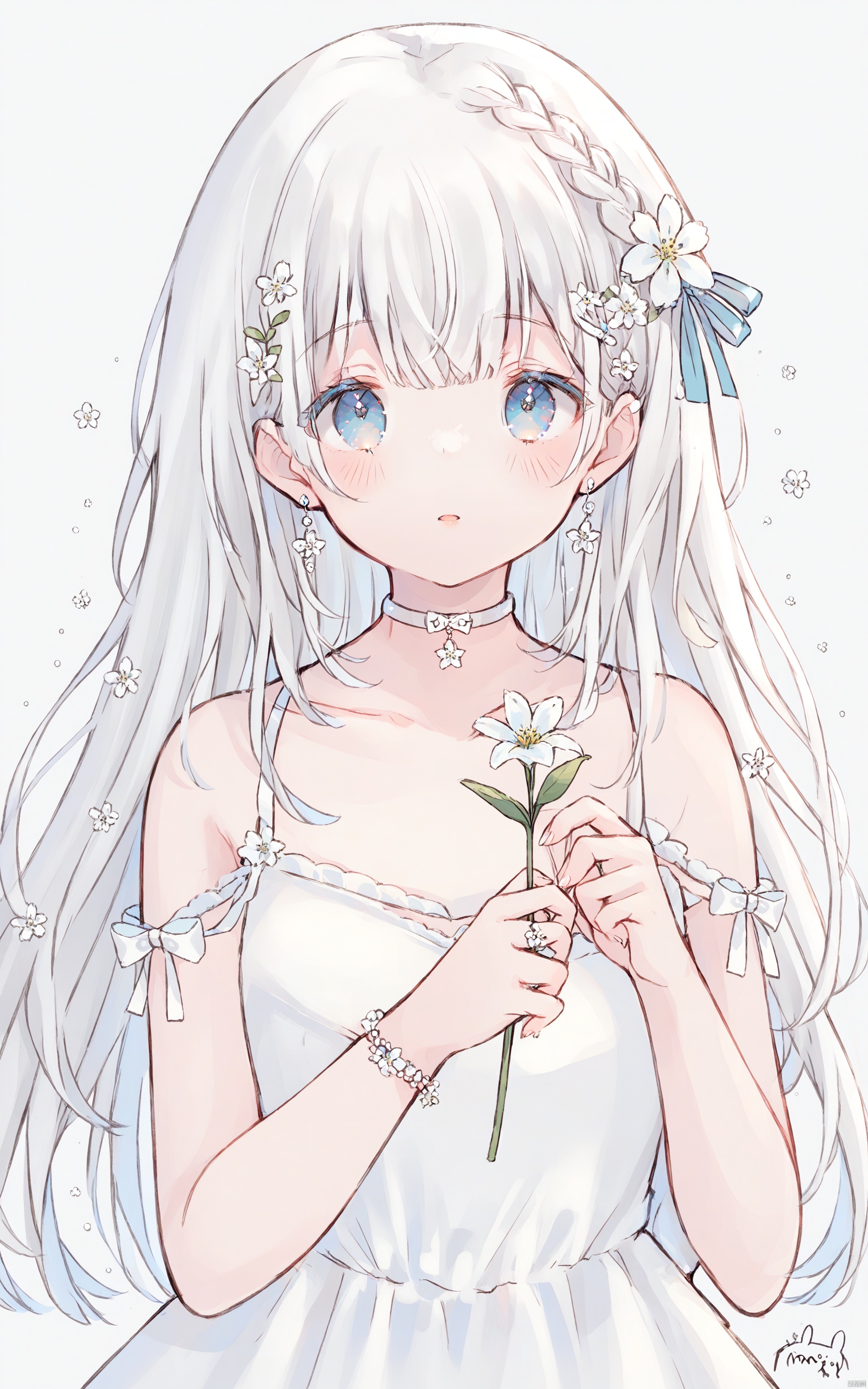 1girl, flower, solo, holding flower, holding, hair ornament, dress, long hair, looking at viewer, white flower, braid, upper body, white dress, grey background, choker, blush, parted lips, signature, bangs, white hair, blue eyes, collarbone