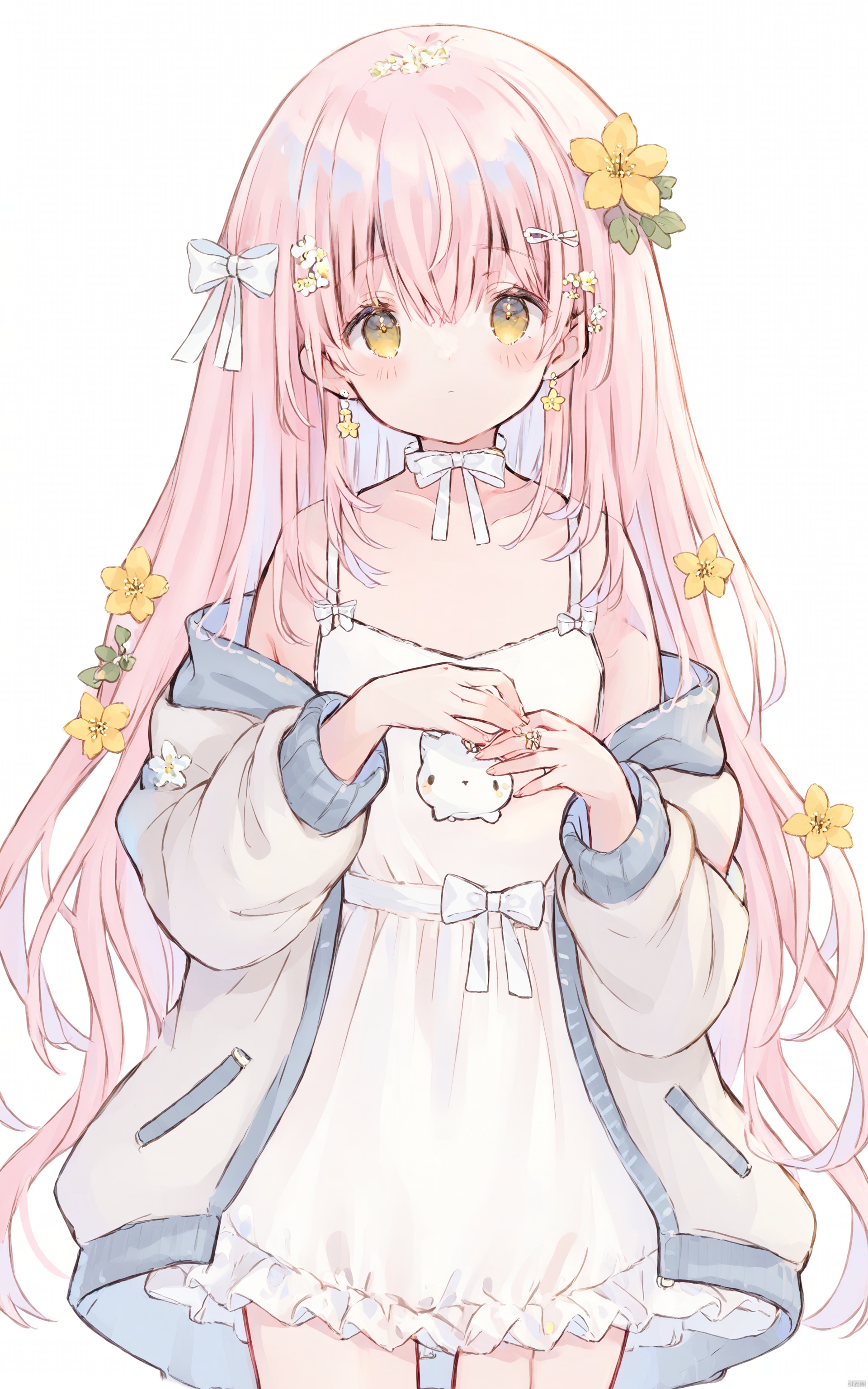 1girl, solo, dress, pink hair, white dress, long hair, hair flower, flower, hair ornament, looking at viewer, yellow eyes, bangs, closed mouth, blush, long sleeves, simple background, yellow flower, jacket, bow, off shoulder, open clothes, hair between eyes