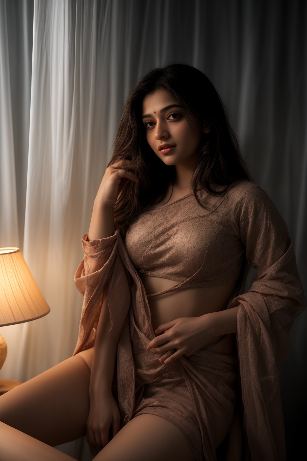 A stunning Mallu beauty poses against a warm-toned backdrop in a cinematic photo. Soft sidelighting enhances her features,...