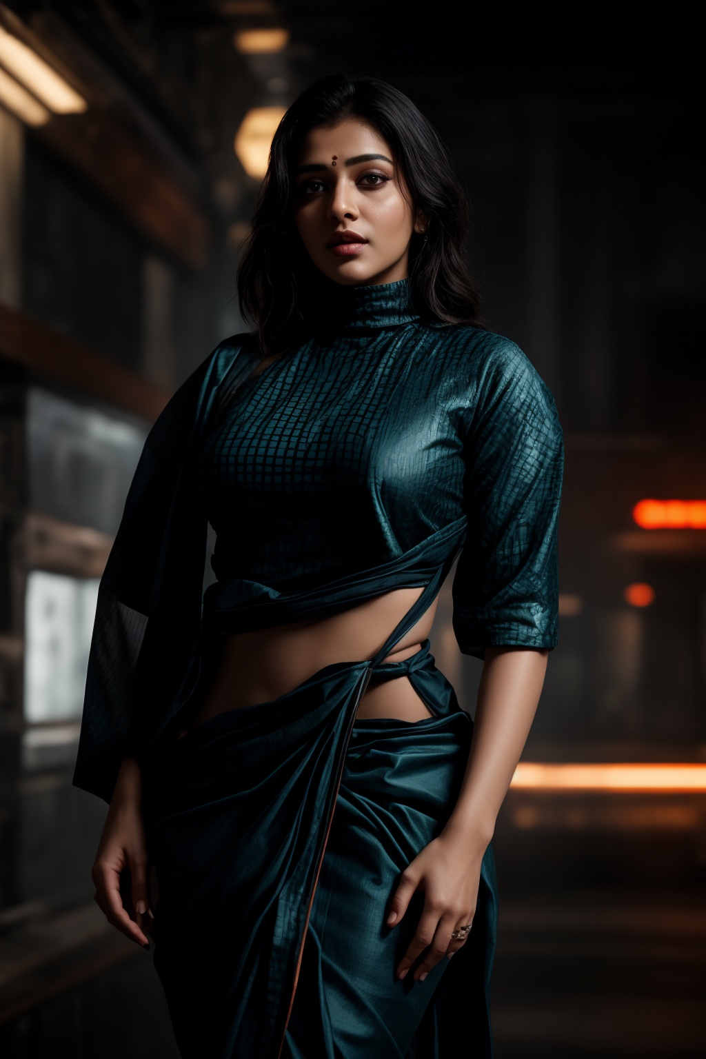 A stylish Mallu girl with a curvy,  sexy figure poses confidently in a modern,  non-traditional outfit adorned with tradit...