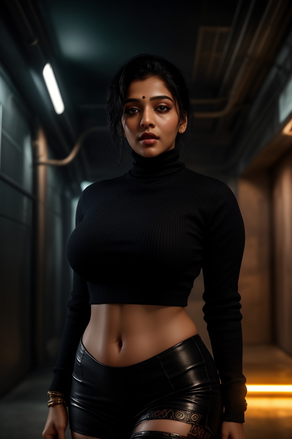A stylish Mallu girl with a curvy,  sexy figure poses confidently in a modern,  non-traditional outfit adorned with tradit...