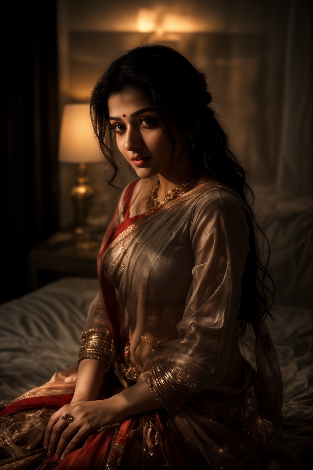 A stunning Mallu beauty poses against a warm-toned backdrop in a cinematic photo. Soft sidelighting enhances her features,...