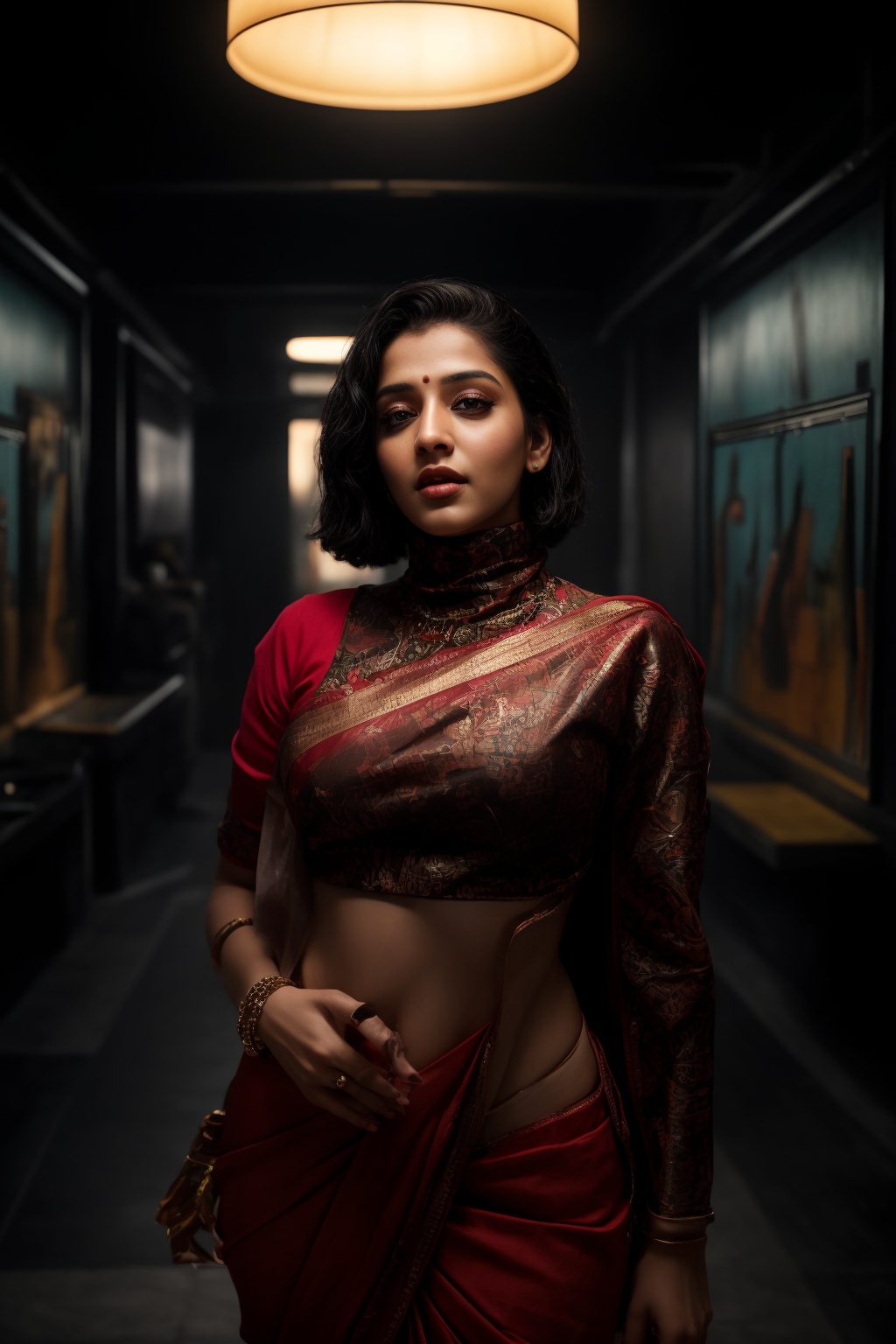 A stylish Mallu girl with a curvy,  sexy figure poses confidently in a modern,  non-traditional outfit adorned with tradit...