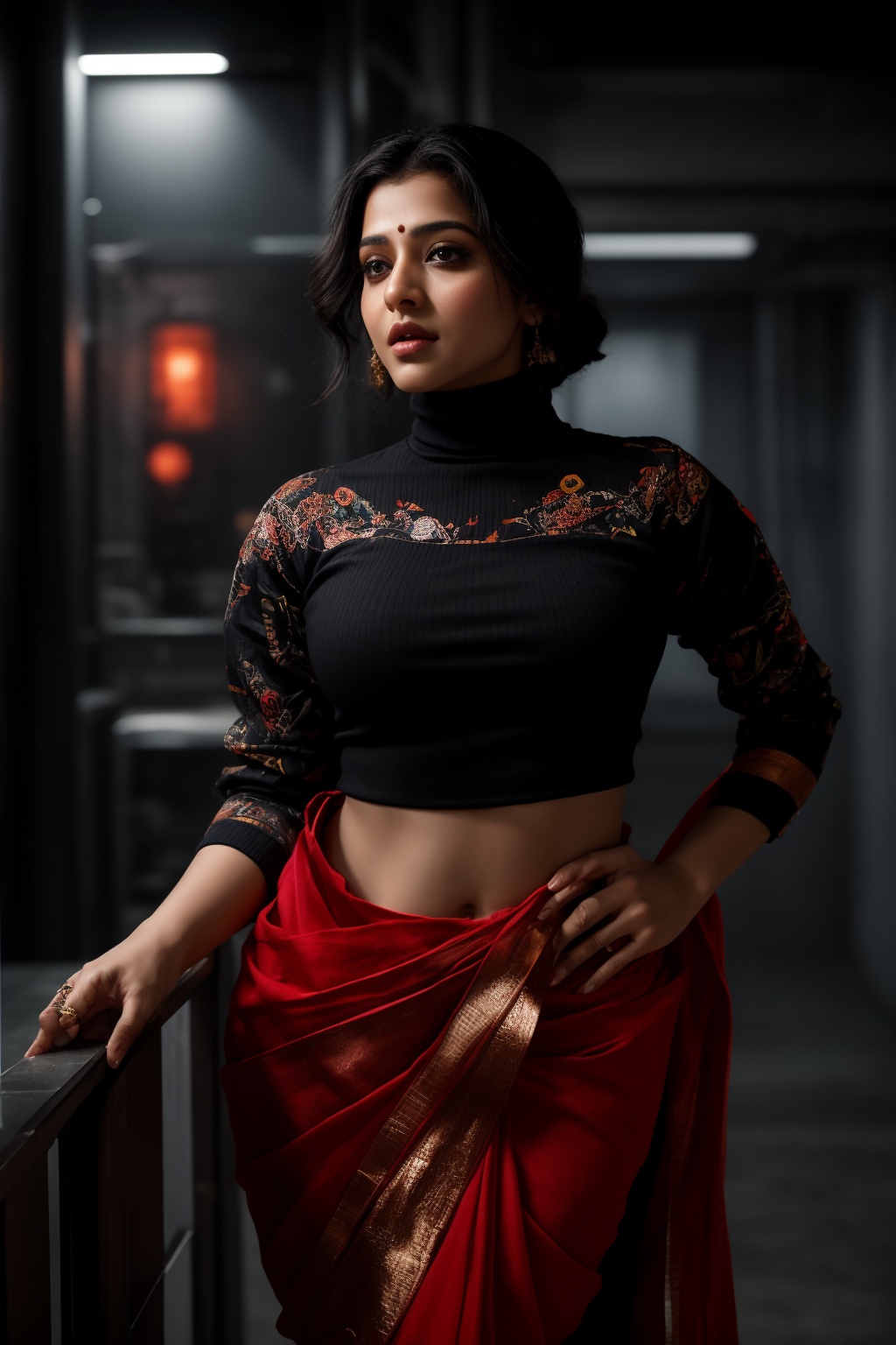 A stylish Mallu girl with a curvy,  sexy figure poses confidently in a modern,  non-traditional outfit adorned with tradit...