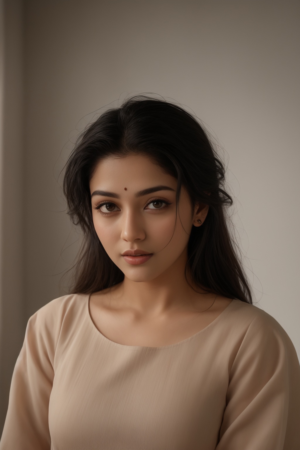 A stunning Mallu beauty poses against a warm-toned backdrop in a cinematic photo. Soft sidelighting enhances her features,...