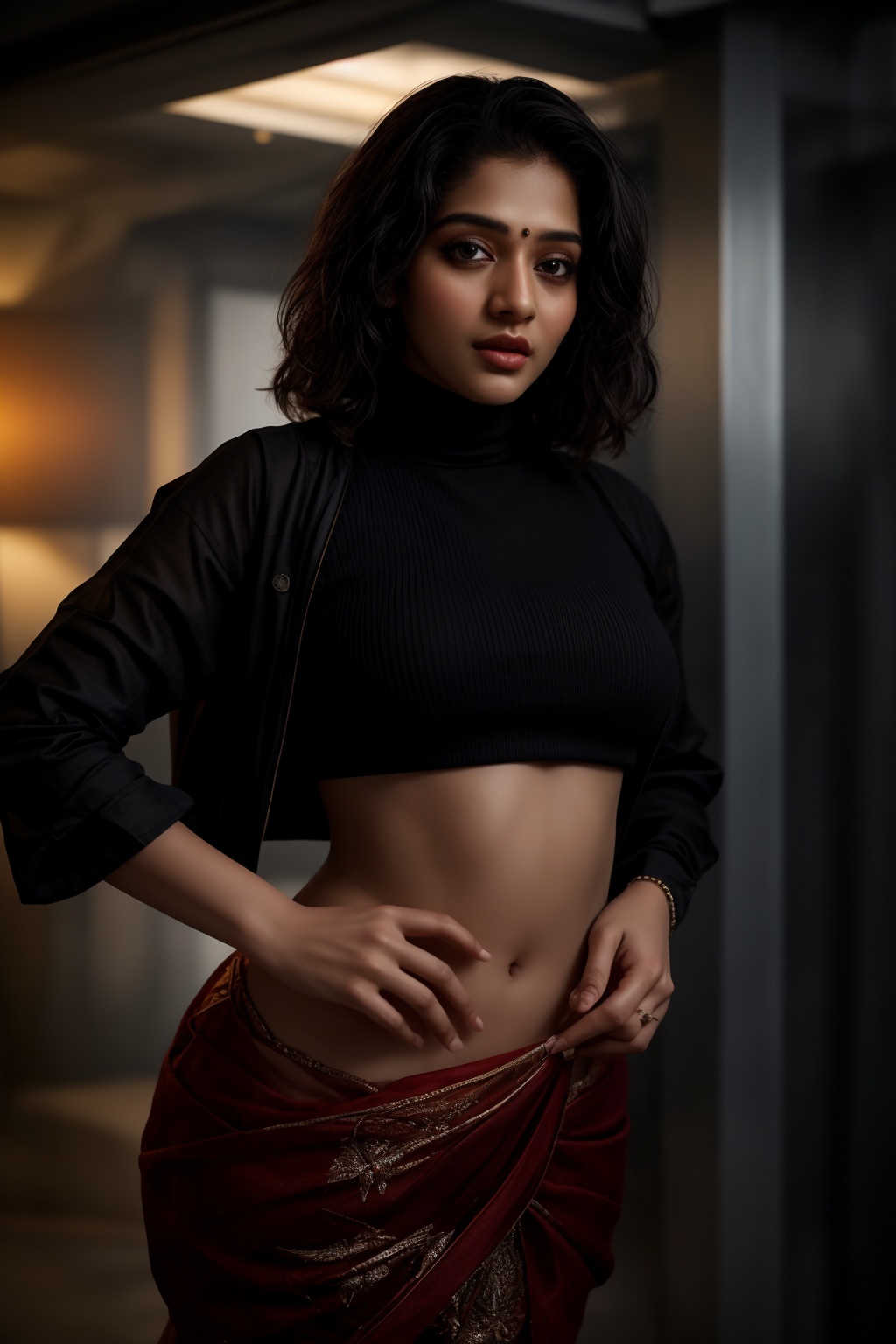 A stylish Mallu girl with a curvy,  sexy figure poses confidently in a modern,  non-traditional outfit adorned with tradit...