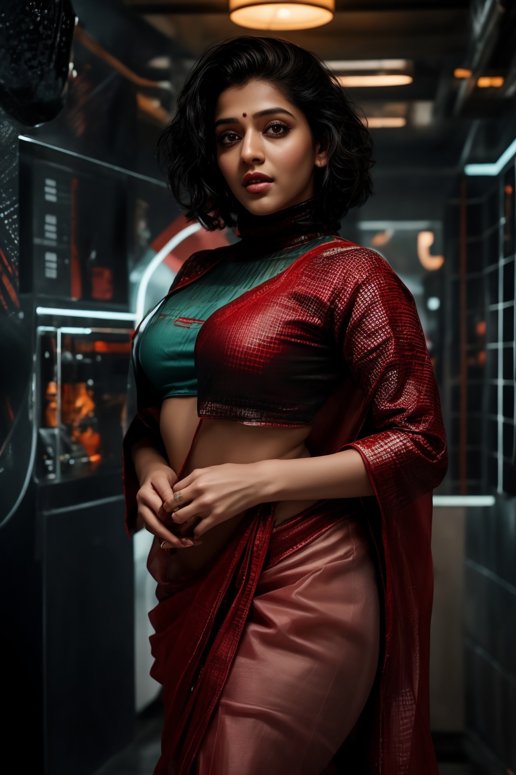 A stylish Mallu girl with a curvy,  sexy figure poses confidently in a modern,  non-traditional outfit adorned with tradit...