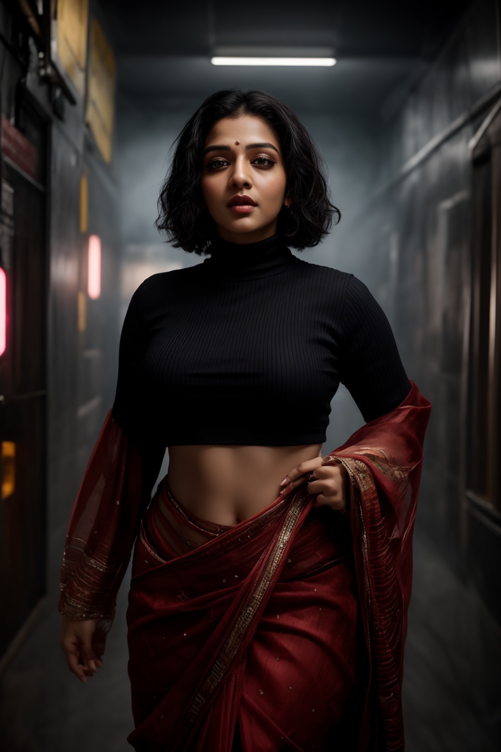 A stylish Mallu girl with a curvy,  sexy figure poses confidently in a modern,  non-traditional outfit adorned with tradit...