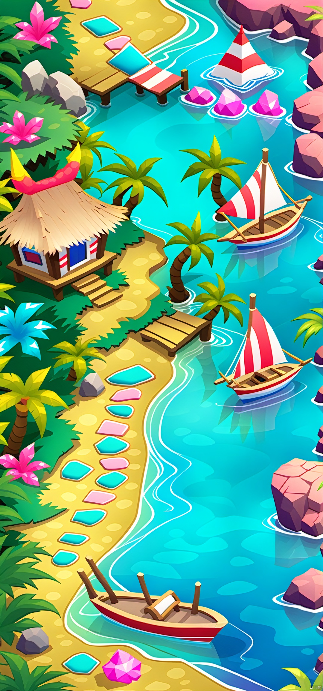 The image is a digital illustration of a tropical island with a river flowing through it. The island is covered in lush gr...