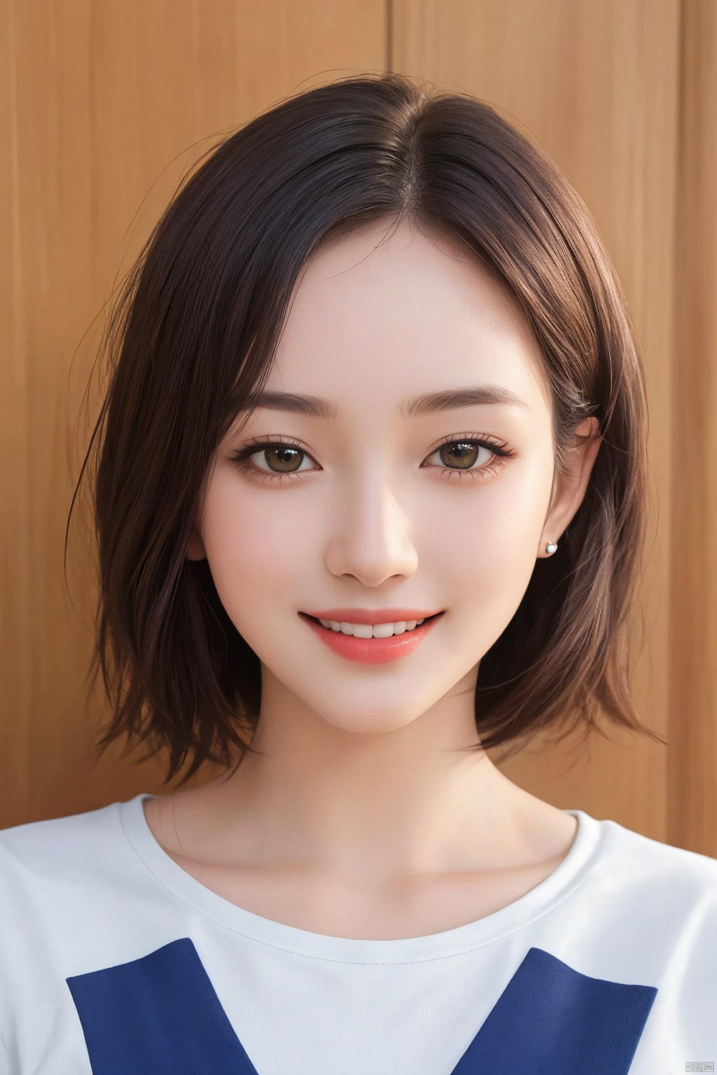 score_9,score_8_up,score_7_up,score_6_up,4k,best quality,masterpiece,ultra high res,medium_shot,photorealistic,1girl,solo,smile,perfect face,detailed face,medium hair,JK_style,(white short-sleeved),