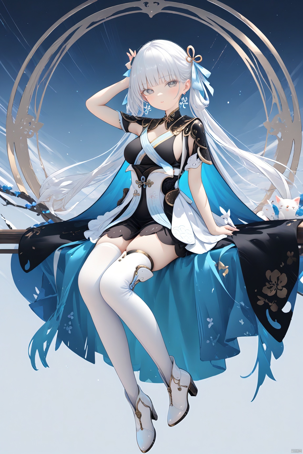 1girl,solo,(masterpiece:1.3),( beautiful:1.2),(high quality:1.2),(finely detailed:1.2),extremely detailed cg unity 8k wallpaper,best quality,a very delicate and beautiful,perfect fingers,(one cute girl at the center:1.2),jinhsi,

1girl, solo, long hair, breasts, looking at viewer, bangs, hair ornament, thighhighs, ribbon, jewelry, sitting, very long hair, full body, hair ribbon, white hair, boots, cape, arm up, high heels, white thighhighs, grey eyes, thigh boots, white footwear, tassel, high heel boots,white thighhighs,dress,chinese clothes,white dress,black dress,short sleeves,