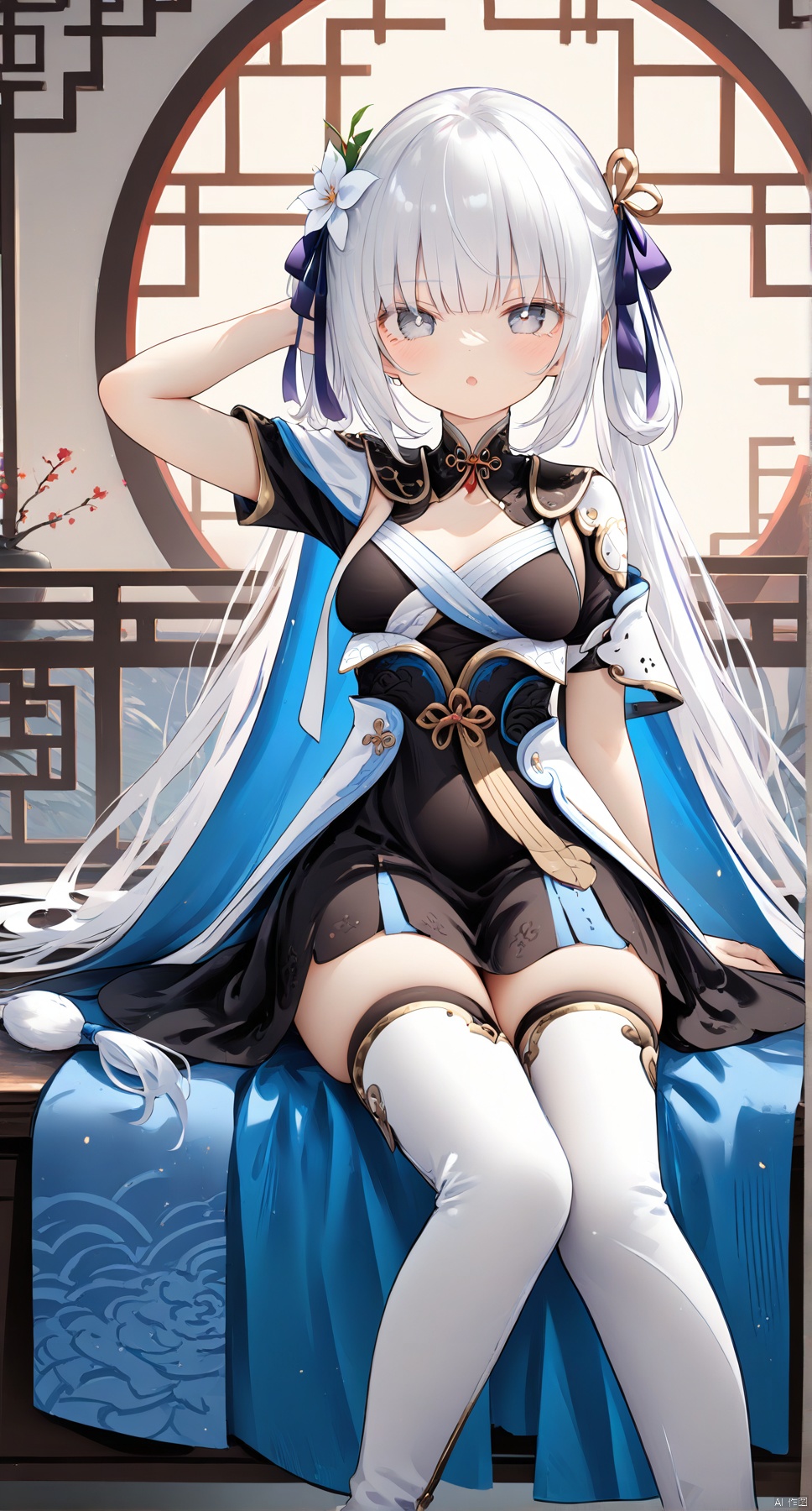 artist:kedama milk, 1girl,solo,(masterpiece:1.3),( beautiful:1.2),(high quality:1.2),(finely detailed:1.2),extremely detailed cg unity 8k wallpaper,best quality,a very delicate and beautiful,perfect fingers,(one cute girl at the center:1.2),jinhsi,

1girl, solo, long hair, breasts, looking at viewer, bangs, hair ornament, ribbon, jewelry, sitting, very long hair, hair ribbon, white hair, boots, cape, arm up, high heels, grey eyes, thigh boots, white footwear, tassel, high heel boots,dress,chinese clothes,,black dress,short sleeves,white coat, collar,