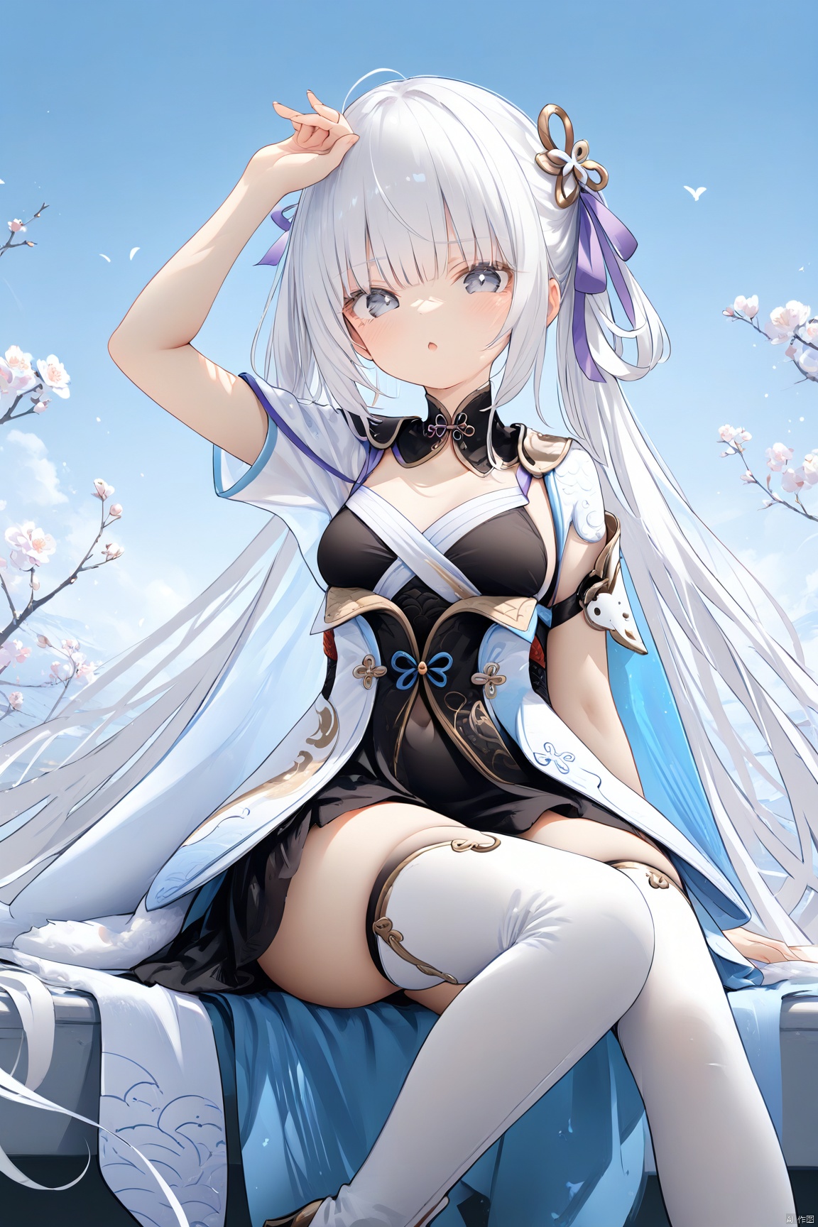 artist:kedama milk, 1girl,solo,(masterpiece:1.3),( beautiful:1.2),(high quality:1.2),(finely detailed:1.2),extremely detailed cg unity 8k wallpaper,best quality,a very delicate and beautiful,perfect fingers,(one cute girl at the center:1.2),jinhsi,

1girl, solo, long hair, breasts, looking at viewer, bangs, hair ornament, thighhighs, ribbon, jewelry, sitting, very long hair, hair ribbon, white hair, boots, cape, arm up, high heels, grey eyes, thigh boots, white footwear, tassel, high heel boots,dress,chinese clothes,,black dress,short sleeves,white coat, collar,