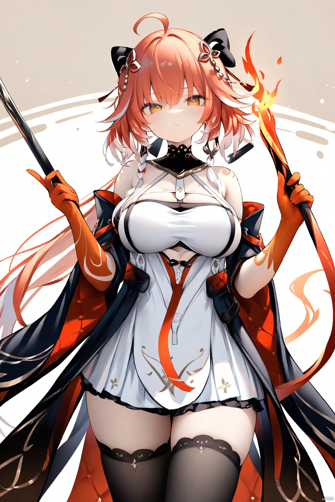 [artist:kedama milk],  1girl,solo,(masterpiece:1.3),( beautiful:1.2),(high quality:1.2),(finely detailed:1.2),extremely detailed cg unity 8k wallpaper,best quality,a very delicate and beautiful,perfect fingers,(one cute girl at the center:1.2),changli,
1girl, solo, long hair, breasts, looking at viewer, bangs, large breasts, hair ornament, thighhighs, gloves, dress, holding, cleavage, bare shoulders, yellow eyes, weapon, ahoge, red hair, black thighhighs, holding weapon, white dress, orange eyes, fire