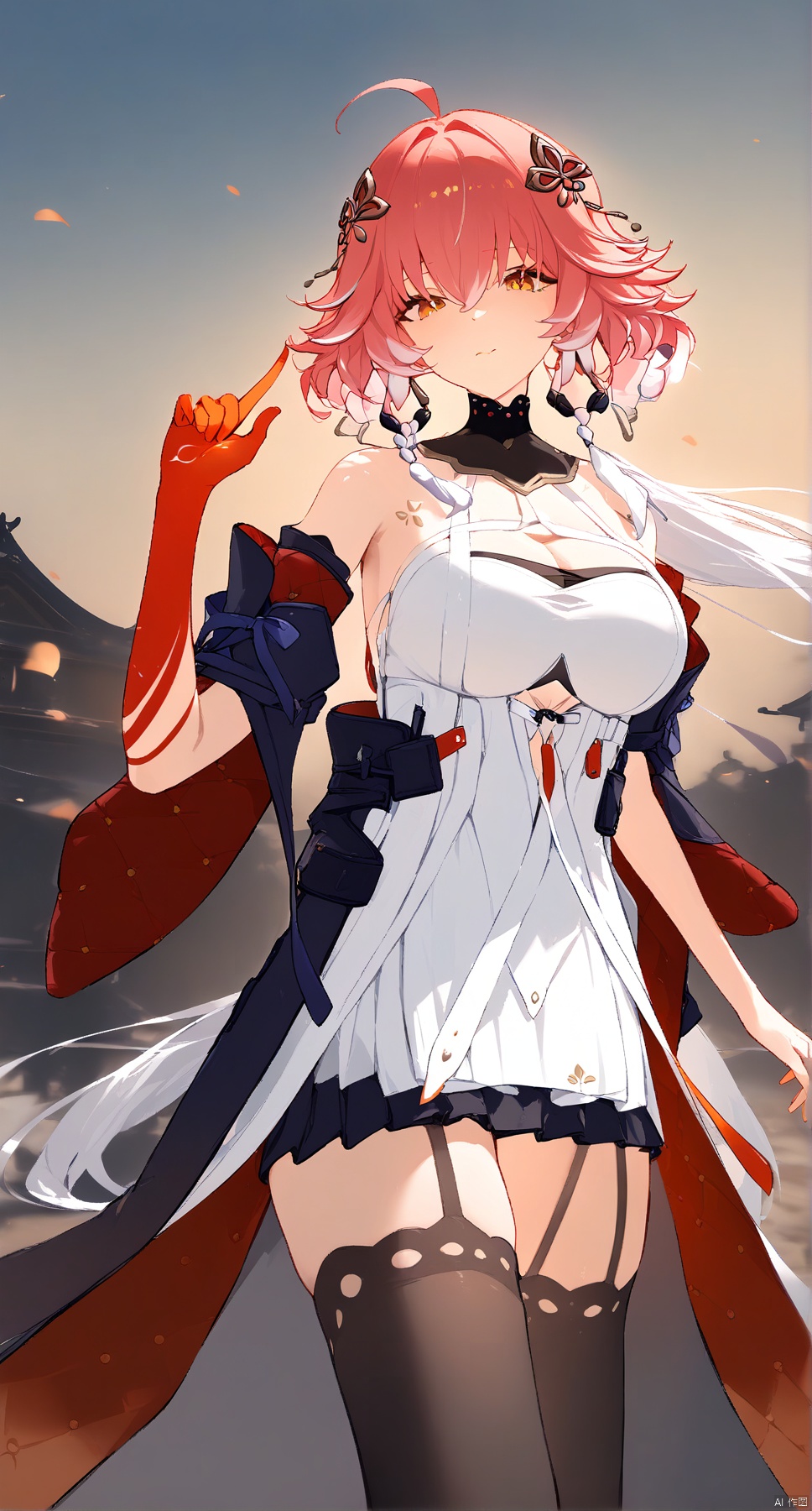 1girl,solo,(masterpiece:1.3),( beautiful:1.2),(high quality:1.2),(finely detailed:1.2),extremely detailed cg unity 8k wallpaper,best quality,a very delicate and beautiful,perfect fingers,(one cute girl at the center:1.2),changli, 1girl, solo, long hair, breasts, looking at viewer, bangs, large breasts, hair ornament, thighhighs, gloves, dress, holding, cleavage, bare shoulders, yellow eyes, weapon, ahoge, red hair, white hair, pink hair,black thighhighs, holding weapon, white dress, orange eyes, fire