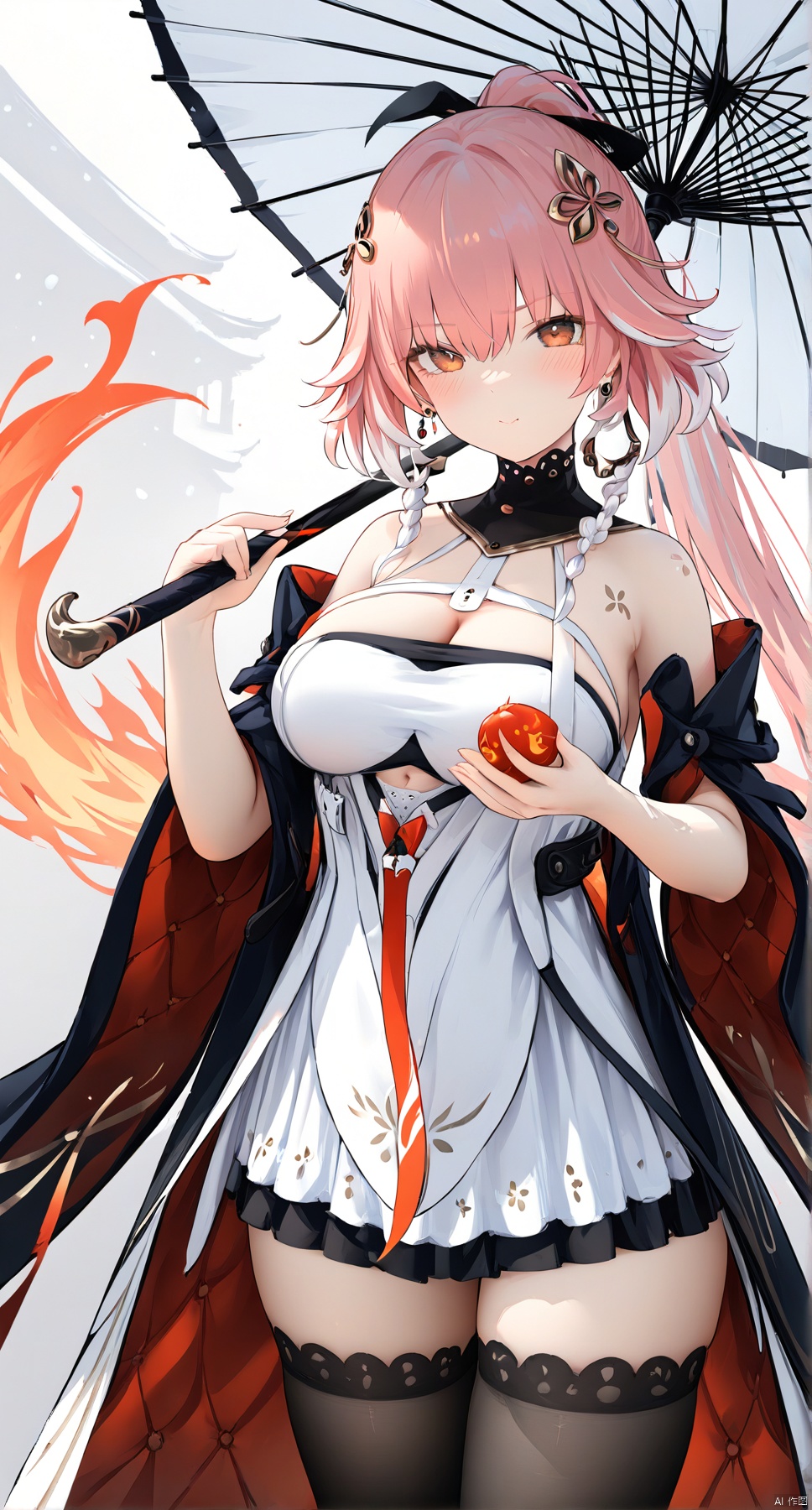 1girl,solo,(masterpiece:1.3),( beautiful:1.2),(high quality:1.2),(finely detailed:1.2),extremely detailed cg unity 8k wallpaper,best quality,a very delicate and beautiful,perfect fingers,(one cute girl at the center:1.2),changli,
1girl, solo, long hair, breasts, looking at viewer, blush, bangs, large breasts, hair ornament, thighhighs, gloves, white background, dress, holding, cleavage, bare shoulders, jewelry, closed mouth, ponytail, weapon, pink hair, white hair, red hair, earrings, sword, black thighhighs, holding weapon, white dress, strapless, umbrella, holding sword, single glove, holding umbrella, flaming weapon, flaming sword