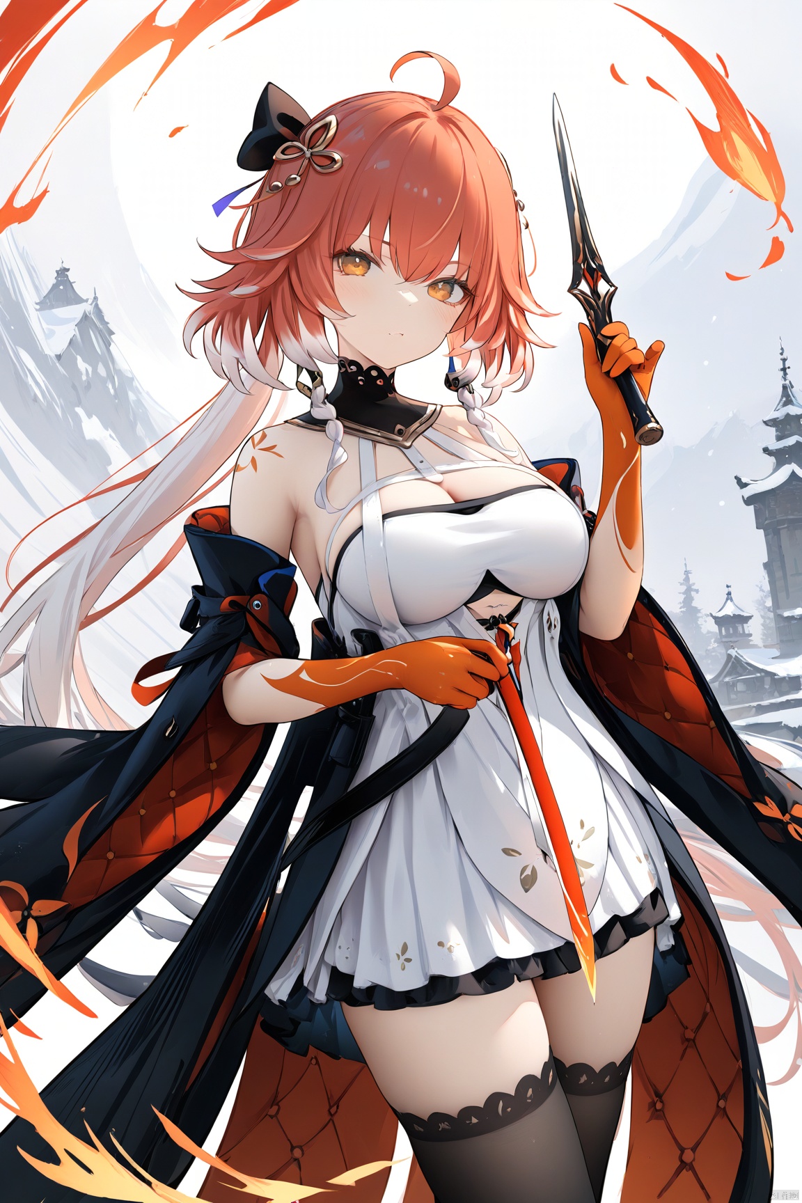1girl,solo,(masterpiece:1.3),( beautiful:1.2),(high quality:1.2),(finely detailed:1.2),extremely detailed cg unity 8k wallpaper,best quality,a very delicate and beautiful,perfect fingers,(one cute girl at the center:1.2),changli,
1girl, solo, long hair, breasts, looking at viewer, bangs, large breasts, hair ornament, thighhighs, gloves, dress, holding, cleavage, bare shoulders, yellow eyes, weapon, ahoge, red hair, black thighhighs, holding weapon, white dress, orange eyes, fire