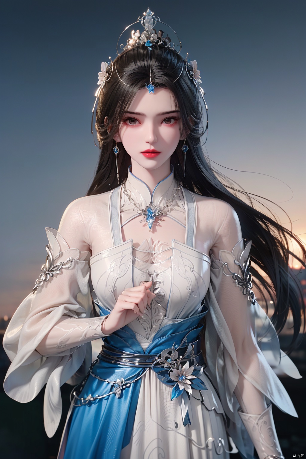 1girl, black hair, brown eyes, dress, earrings, gem, hair ornament, jewelry, grey eyes, long hair, looking at viewer, medium breasts, necklace, red lips, solo, tiara, white dress, realistic, chinese clothes, long sleeves, pendant, black eyes,LiMuWan