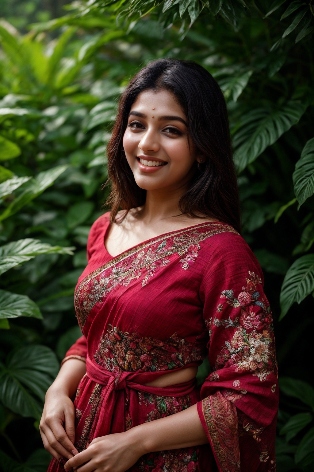 A stunning Kerala beauty poses in a lush botanical garden on a bright,  sunny day. She wears a vibrant traditional embroid...