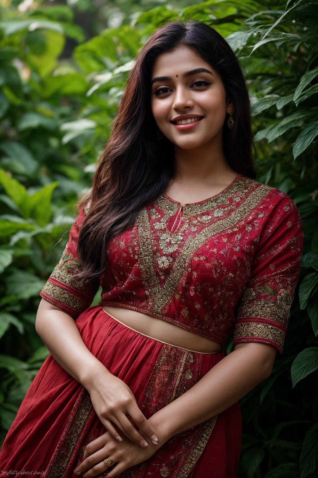 A stunning Kerala beauty poses in a lush botanical garden on a bright,  sunny day. She wears a vibrant traditional embroid...