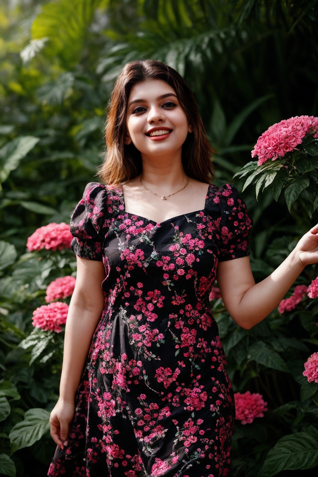 A stunning Ukrainian beauty poses in a lush botanical garden on a bright,  sunny day. She wears a vibrant traditional embr...