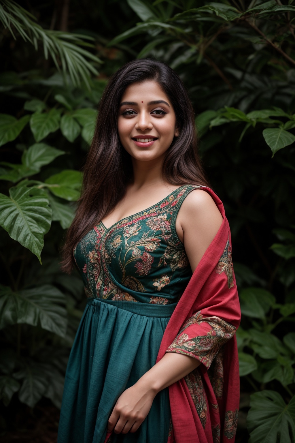 A stunning Kerala beauty poses in a lush botanical garden on a bright,  sunny day. She wears a vibrant traditional embroid...