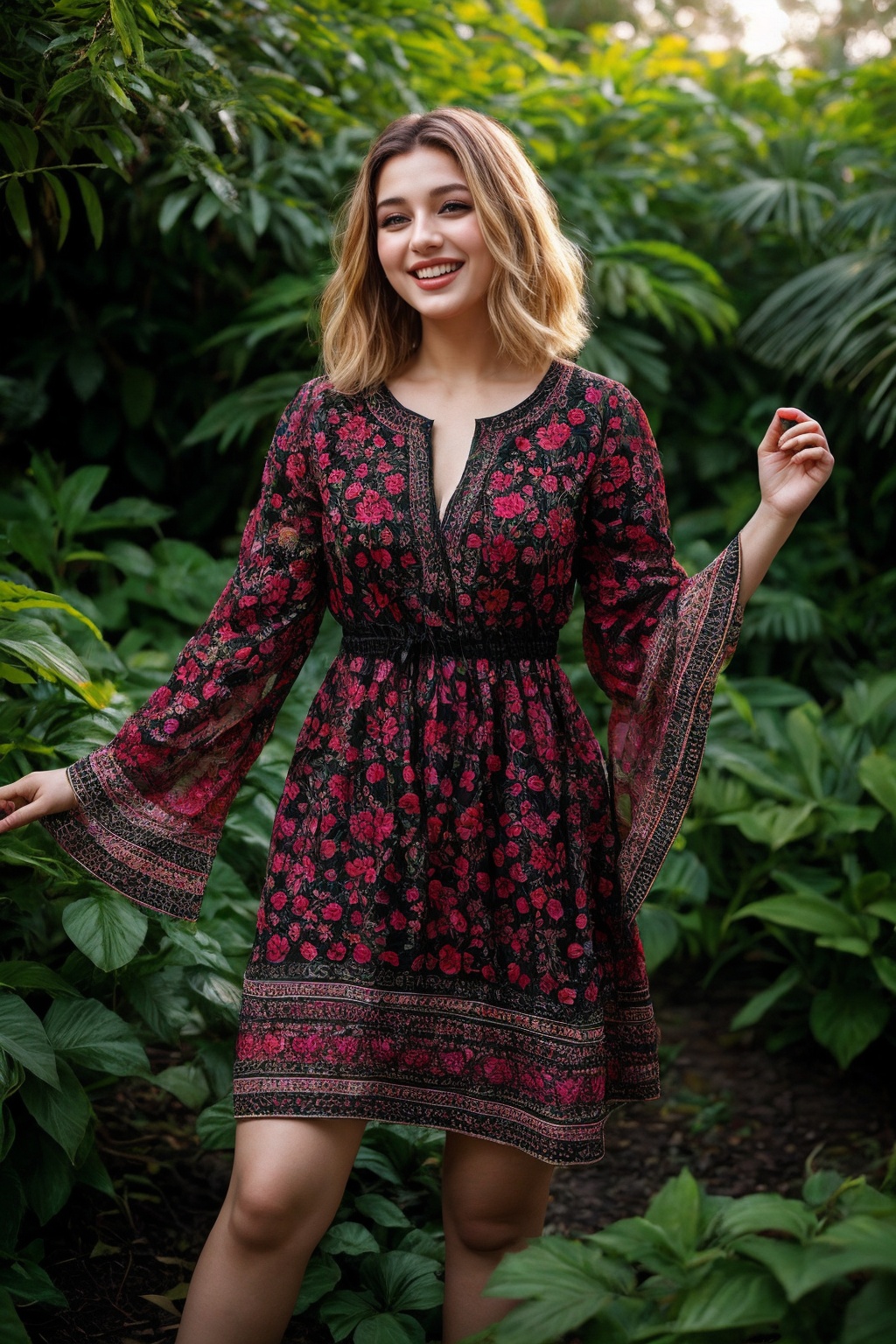A stunning Ukrainian beauty poses in a lush botanical garden on a bright,  sunny day. She wears a vibrant traditional embr...