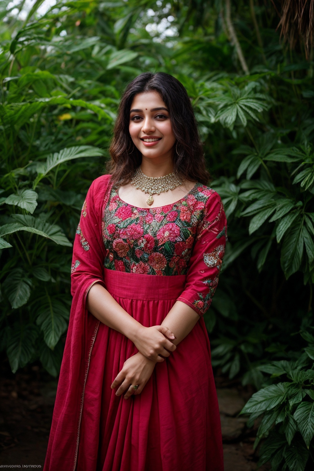 A stunning Kerala beauty poses in a lush botanical garden on a bright,  sunny day. She wears a vibrant traditional embroid...