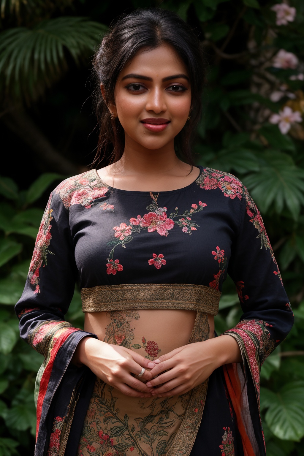 A stunning Kerala beauty poses in a lush botanical garden on a bright,  sunny day. She wears a vibrant traditional embroid...