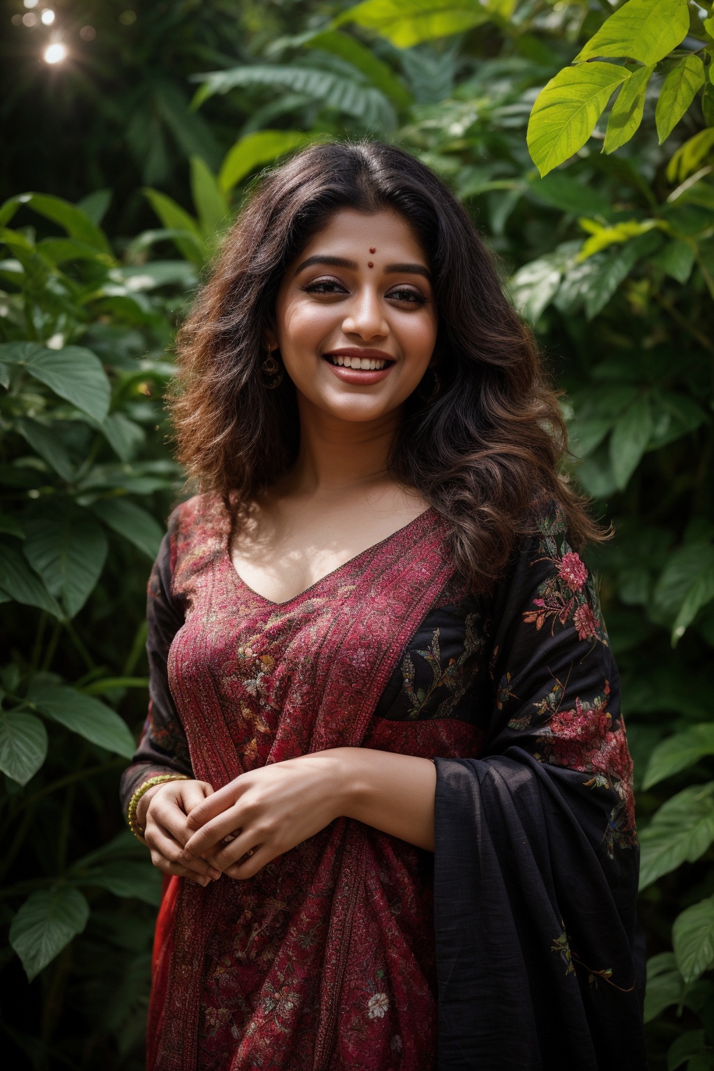 A stunning Kerala beauty poses in a lush botanical garden on a bright,  sunny day. She wears a vibrant traditional embroid...